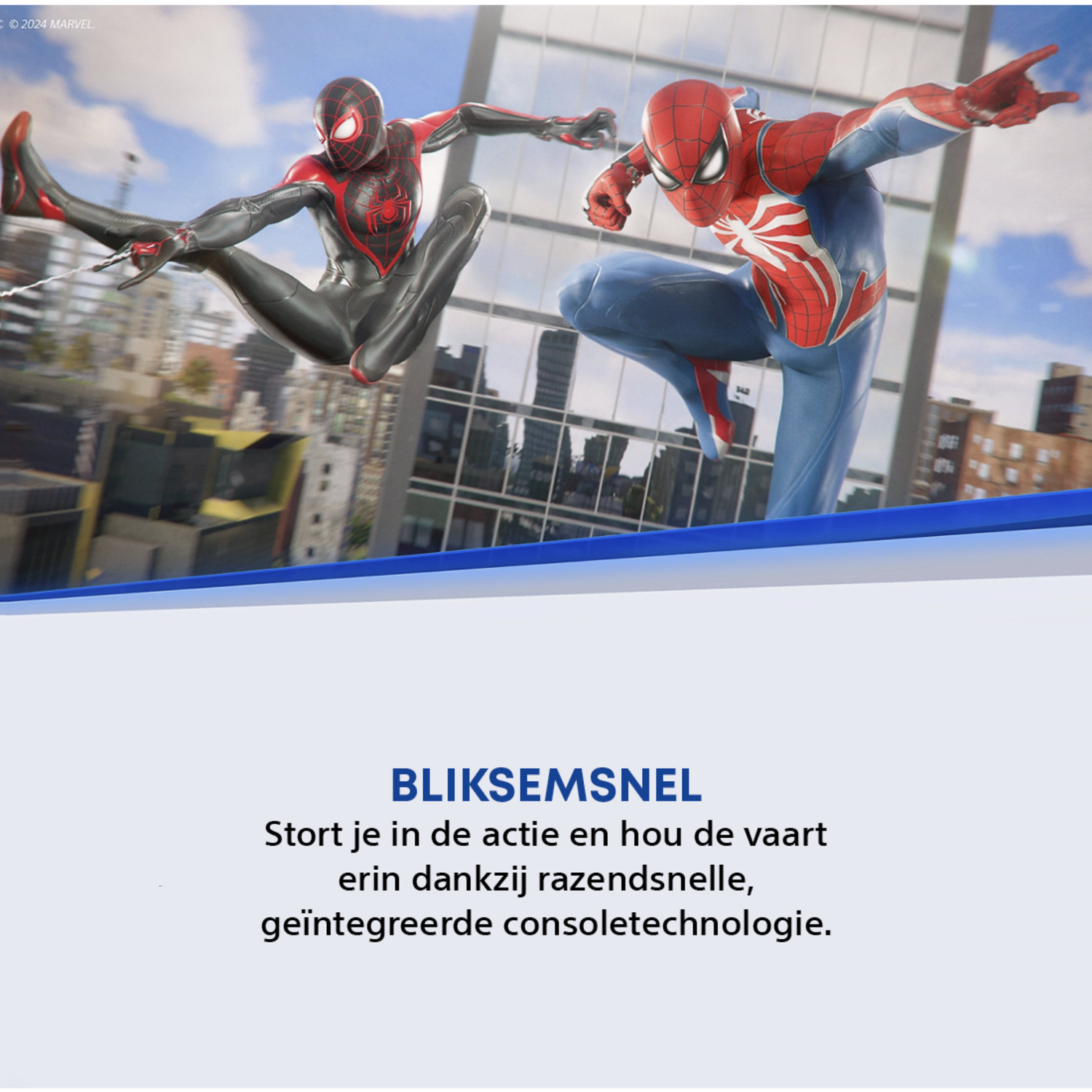 Deux personnages de Spider-Man en action, l'un en rouge/bleu, l'autre en noir/rouge, sur fond de ville. Le texte dit 'Bliksemsnel'.