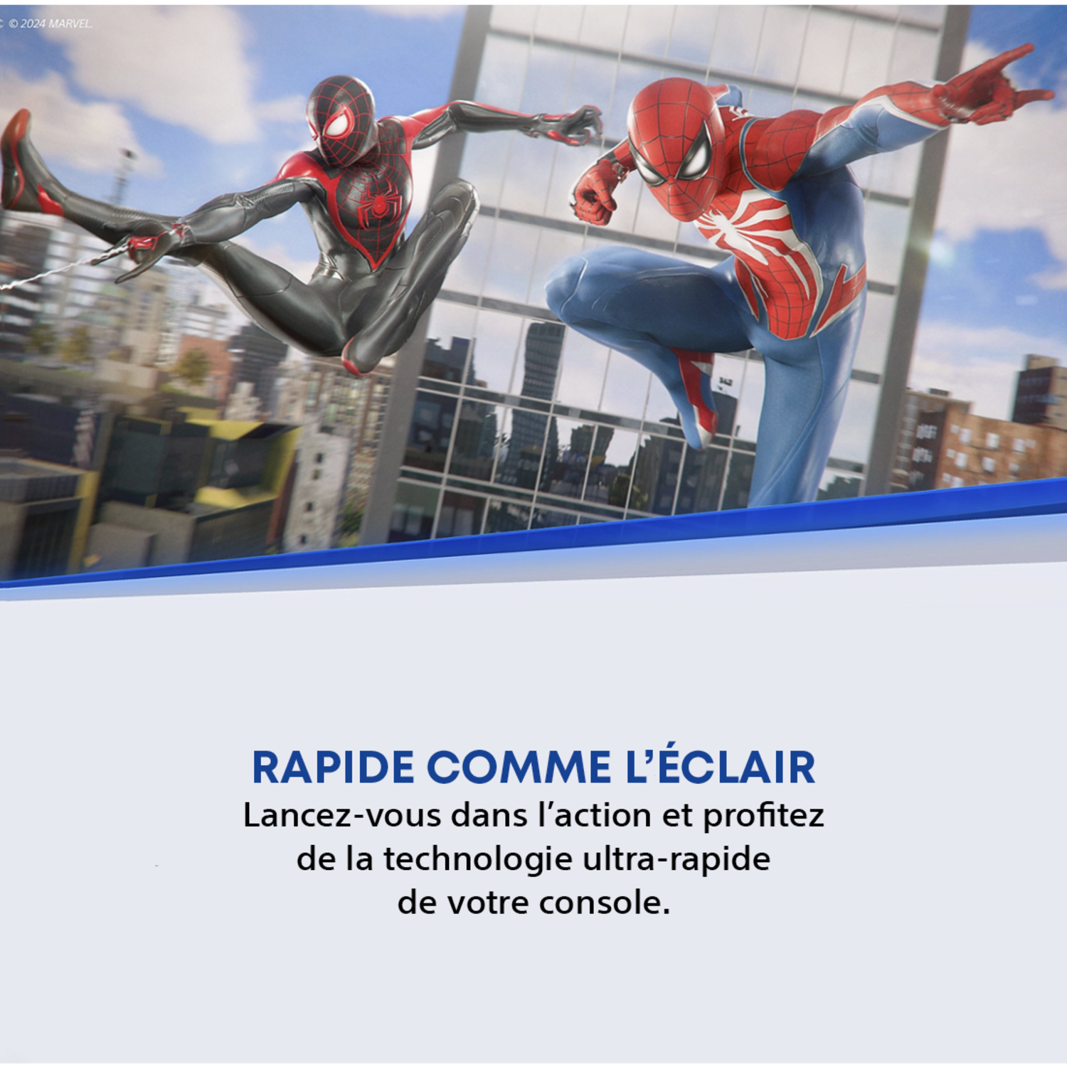 Deux personnages de Spider-Man en action, l'un en rouge et bleu, l'autre en noir et rouge, avec une toile de fond urbaine.