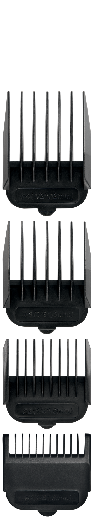 Fekete hajvágó toldalékok függőleges képe: #4 (1/2",12mm), #3 (3/8",9mm), #2 (1/4",6mm) és #1 (1/8",3mm).