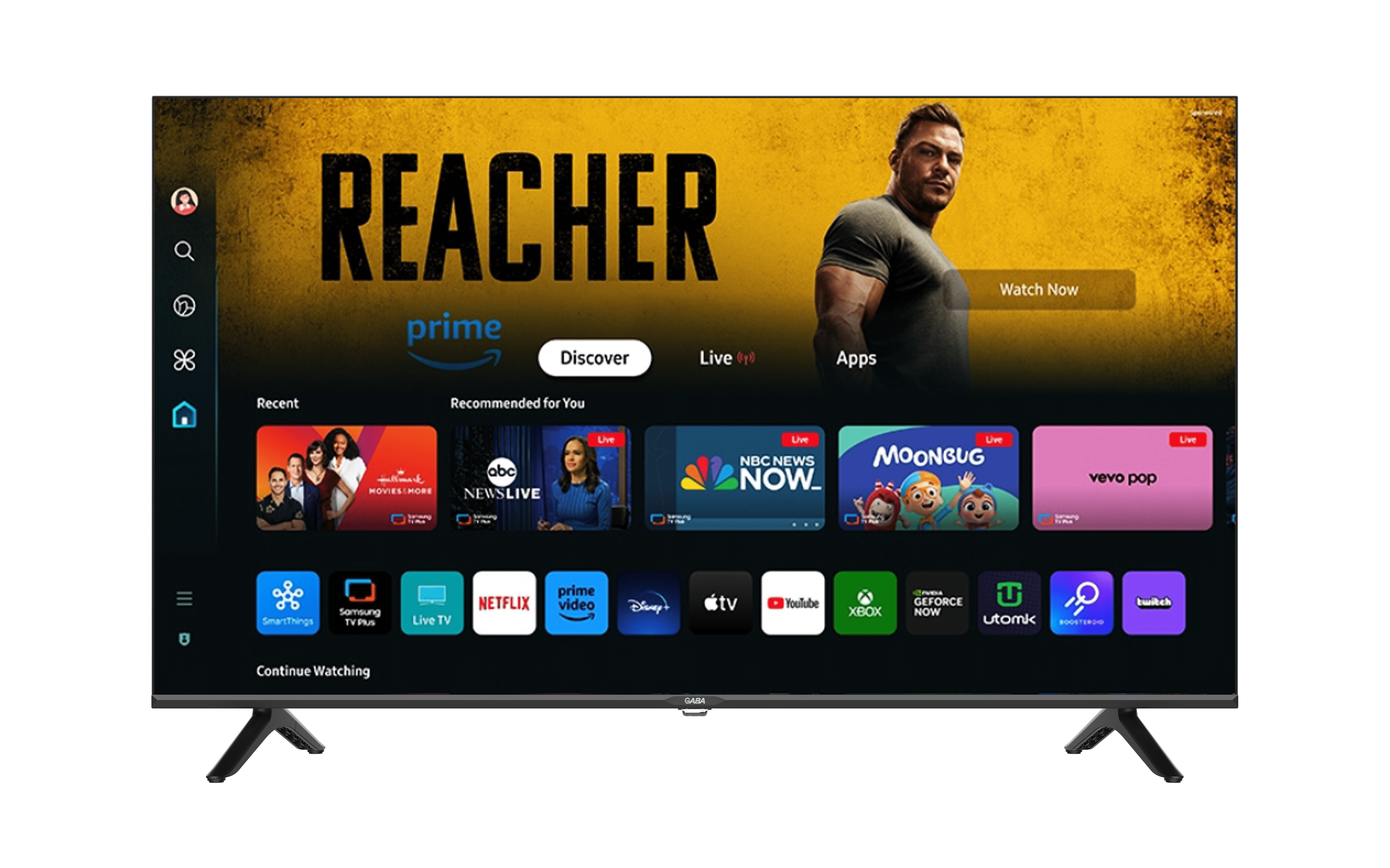 Egy TV a Prime Video alkalmazást mutatja a 'Reacher'-rel és egy férfi képével. Alul több alkalmazásikon látható.