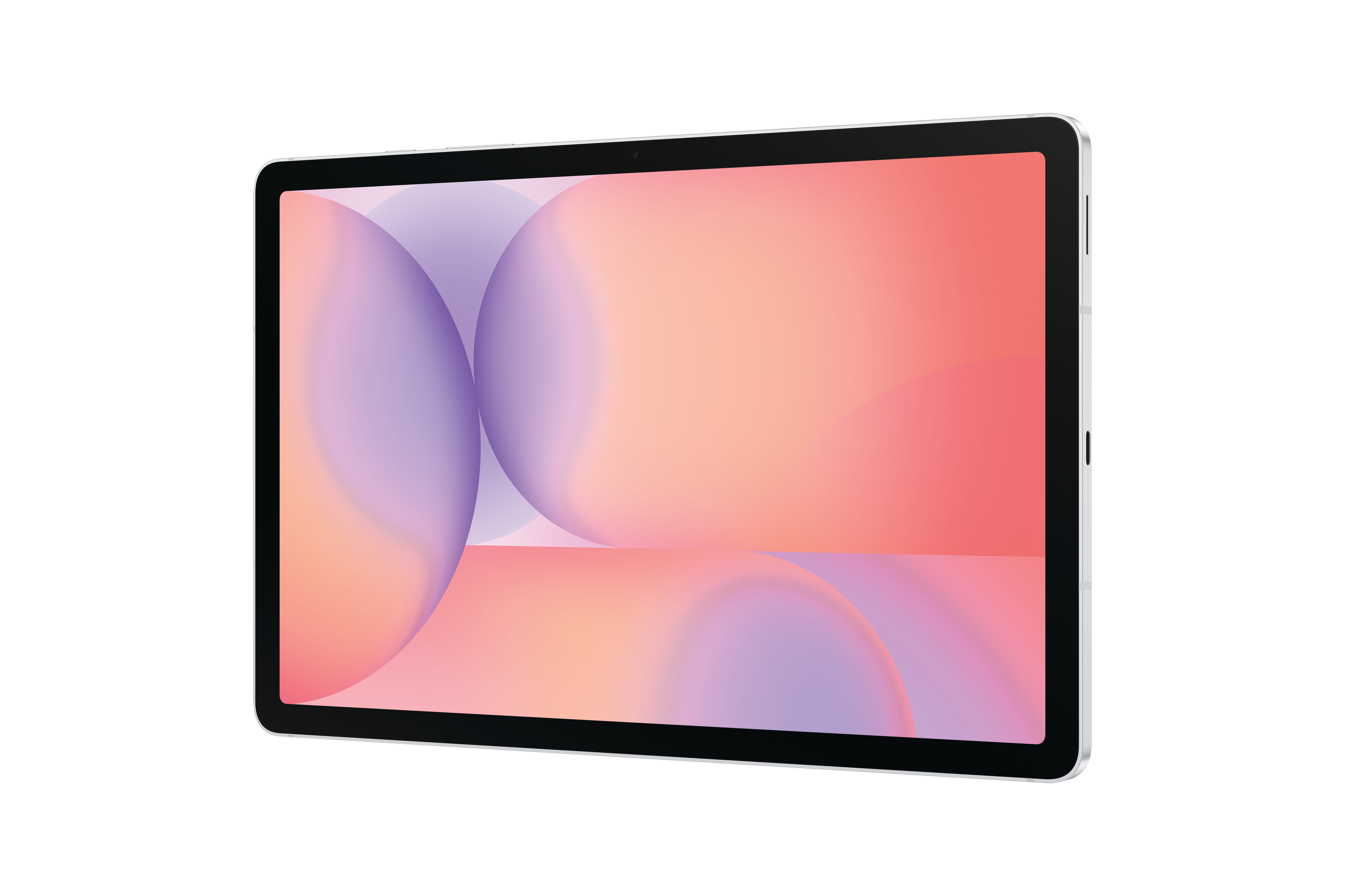 Ein Tablet mit schwarzem Rahmen und einem Bildschirm, der abstrakte Formen in rosa- und lilafarbenen Farbverläufen zeigt, vor weißem Hintergrund.