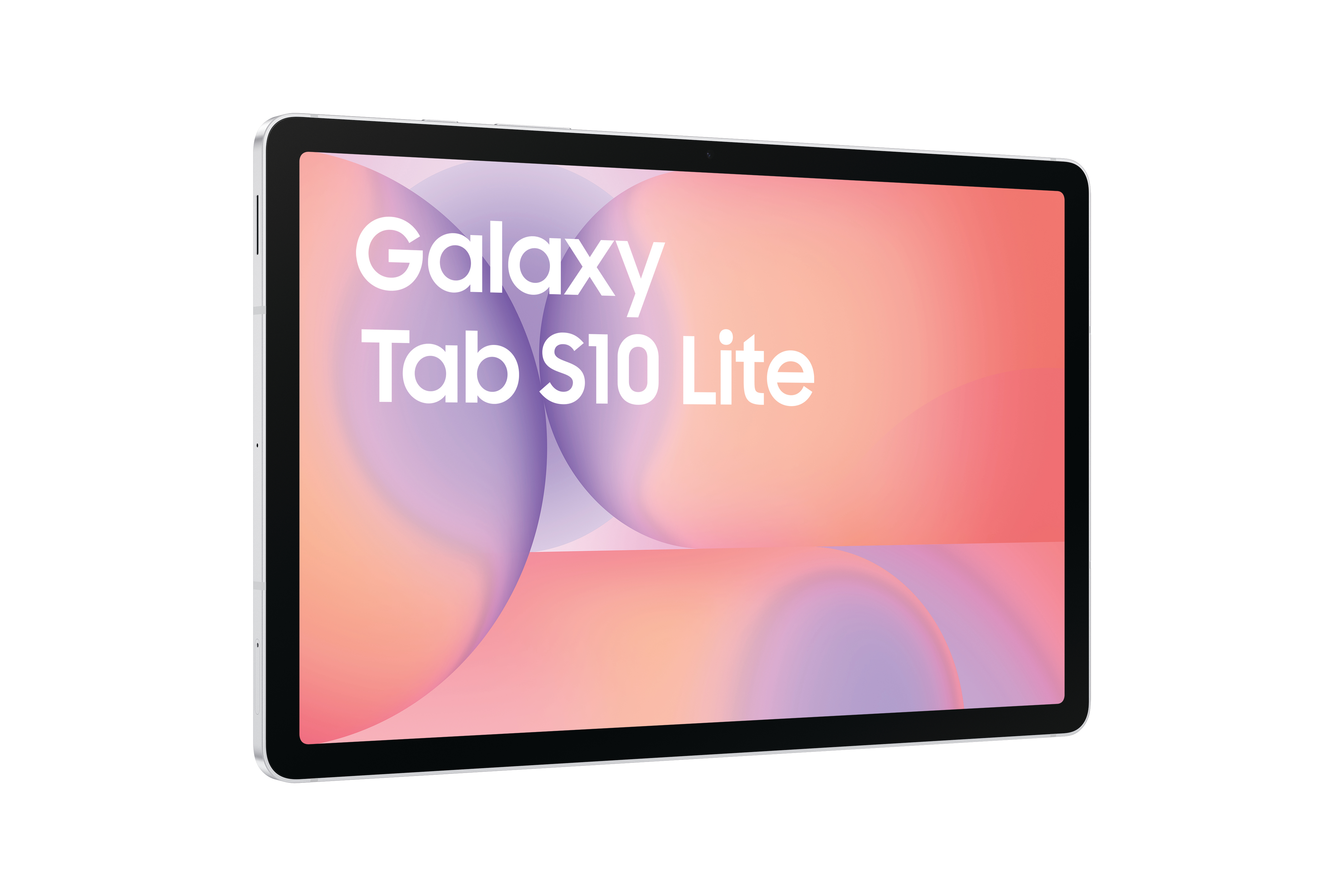 Ein Galaxy Tab S10 Lite Tablet auf weißem Hintergrund. Der Bildschirm zeigt einen Farbverlauf von Rosa und Lila.