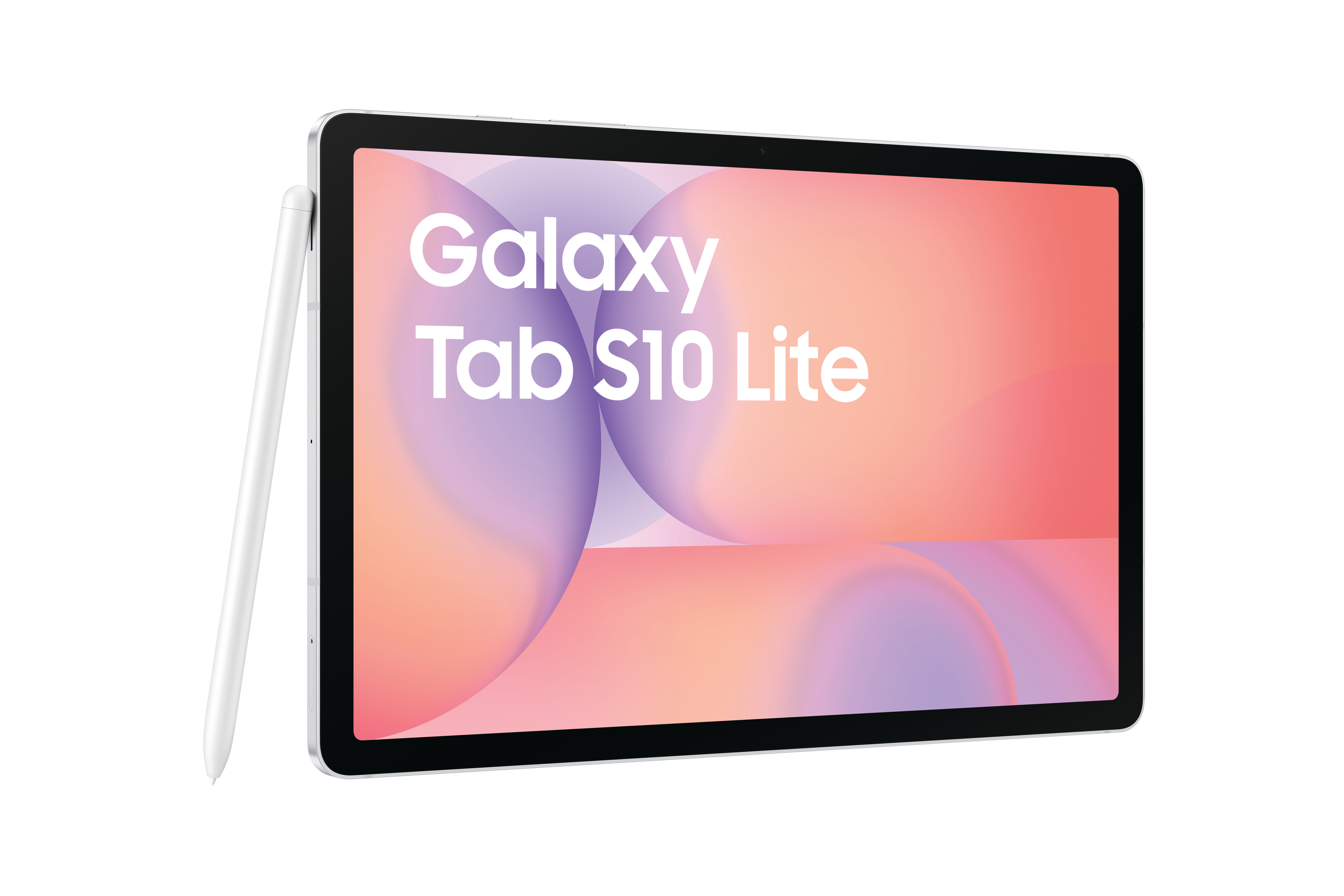 Ein weißes Galaxy Tab S10 Lite-Tablet mit Stift auf weißem Hintergrund. Der Bildschirm zeigt den Namen des Tablets.