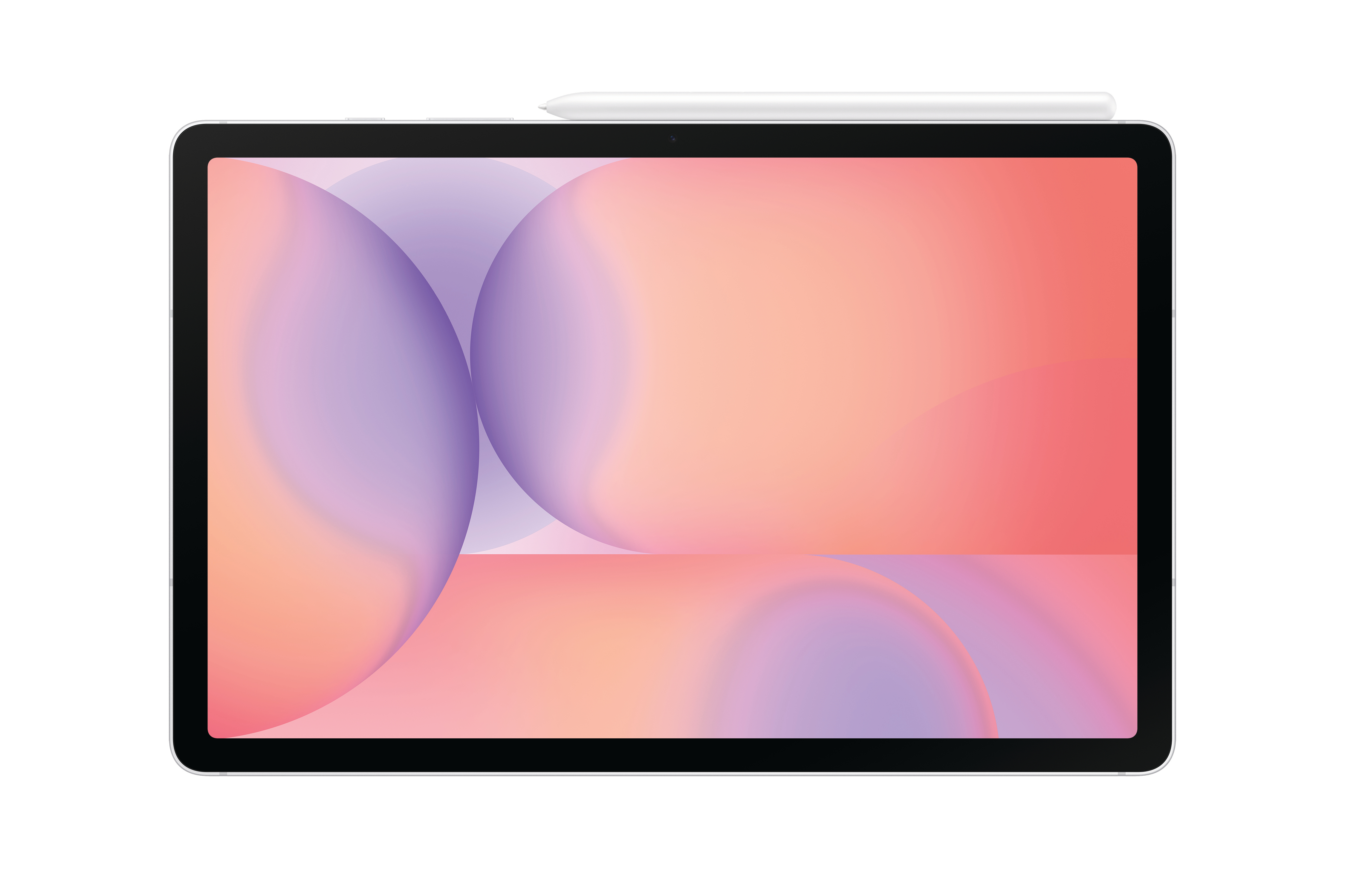 Tablet mit farbenfrohem Gradientenbildschirm und weißem Stift oben. Der Bildschirm zeigt lila und orange Farbtöne.