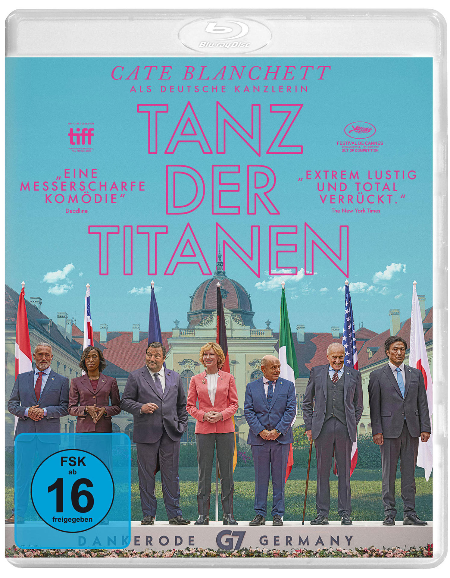 Blu-ray-Cover für 'Tanz der Titanen'. Cate Blanchett ist darauf zu sehen. Mehrere Staats- und Regierungschefs stehen vor einem Gebäude mit Flaggen.