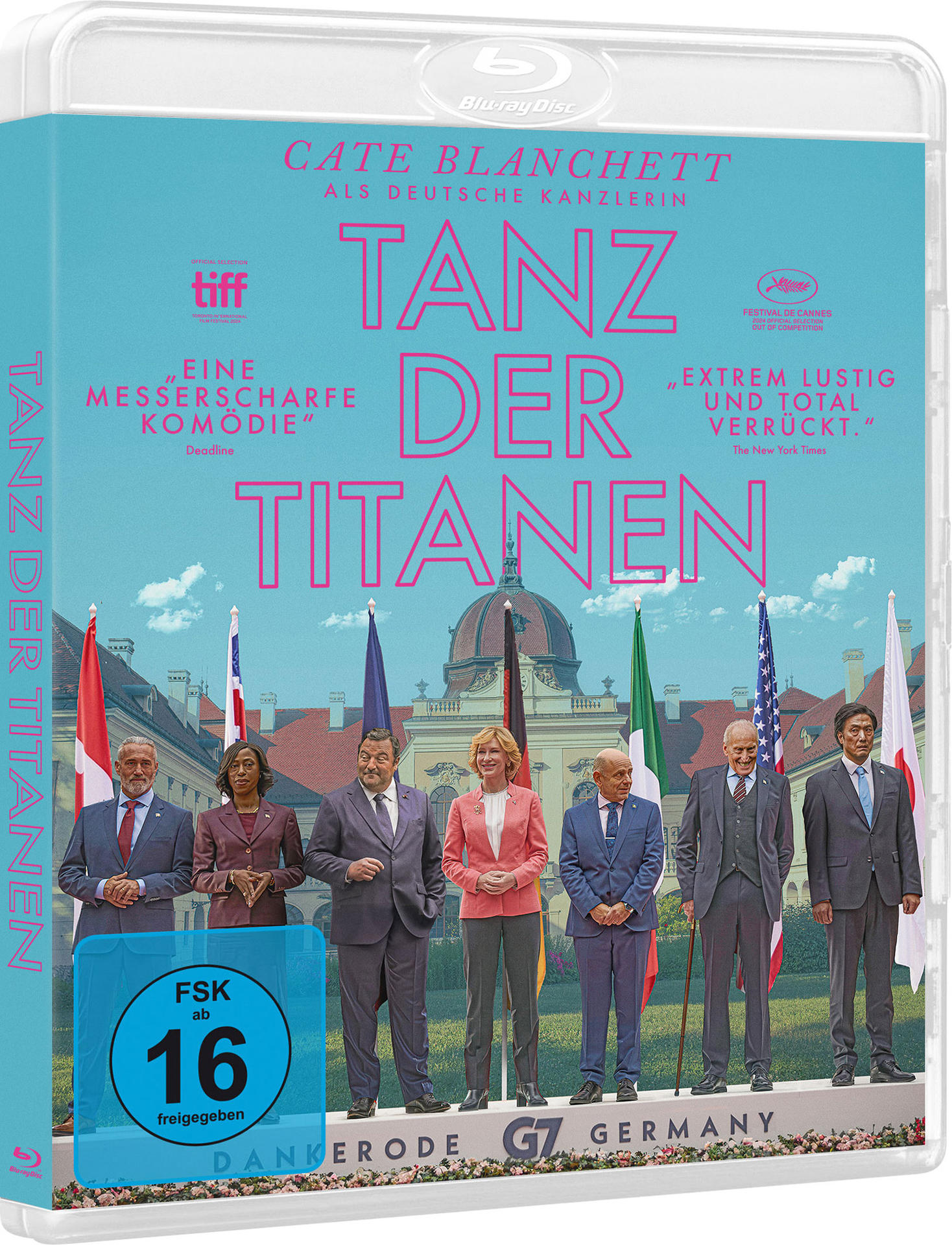Blu-ray-Cover von 'Tanz der Titanen'. Es zeigt Politiker und den Filmtitel. Rosa Text auf blauem Hintergrund.