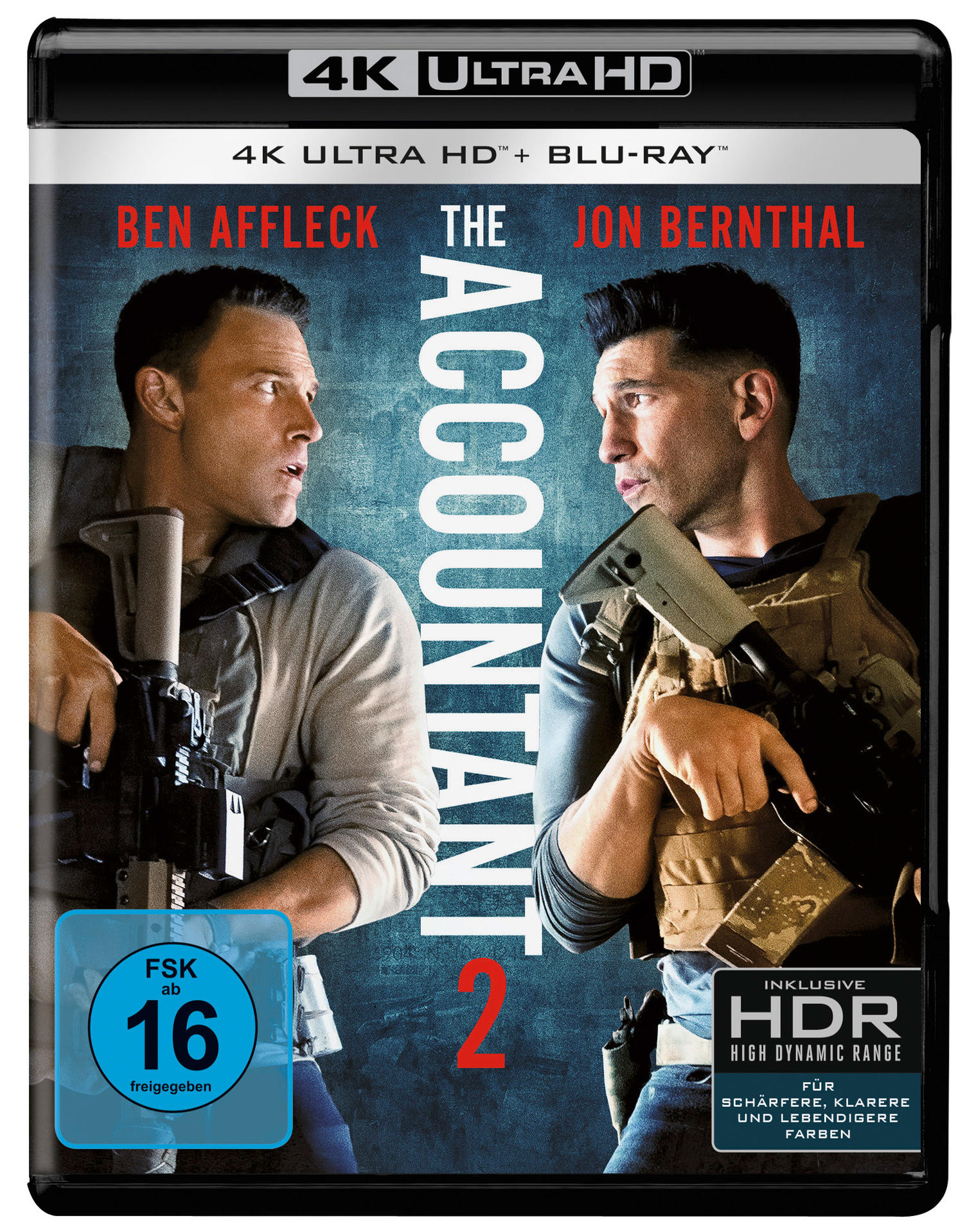 Filmcover für The Accountant 2. Ben Affleck und Jon Bernthal halten Waffen. Text: 4K Ultra HD, HDR und FSK 16.