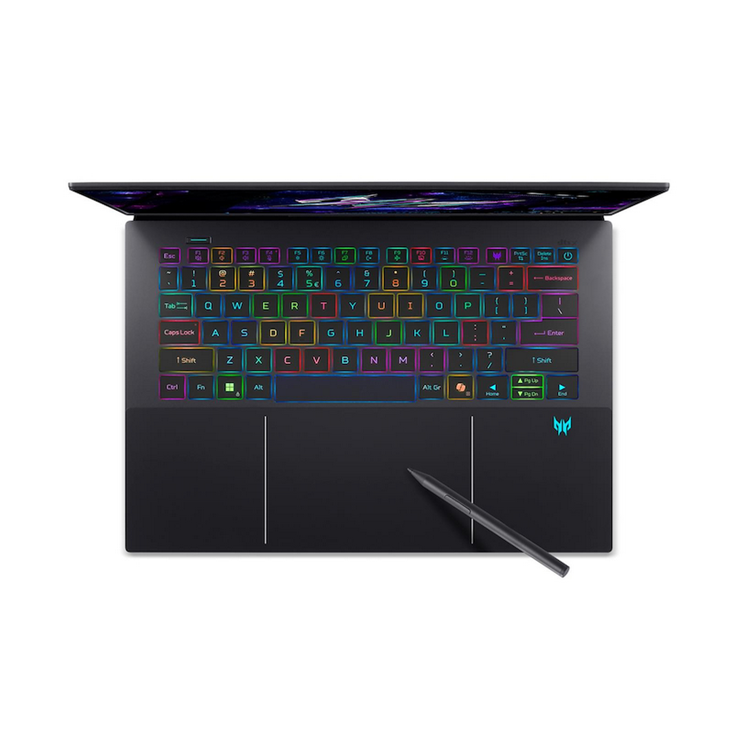 Una laptop negra está abierta, mostrando un teclado retroiluminado colorido y un lápiz. El fondo es blanco.