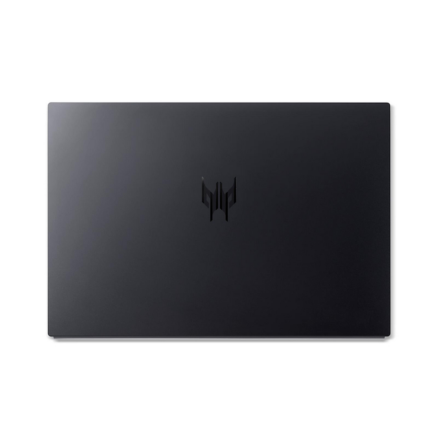 Un portátil negro sobre fondo blanco. El portátil tiene un logotipo en el centro y un diseño elegante.