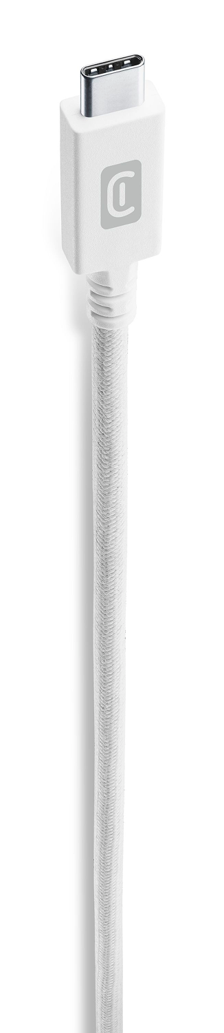 Cable USB-C blanco sobre fondo blanco. El cable tiene un cordón trenzado blanco y un conector blanco con logotipo.