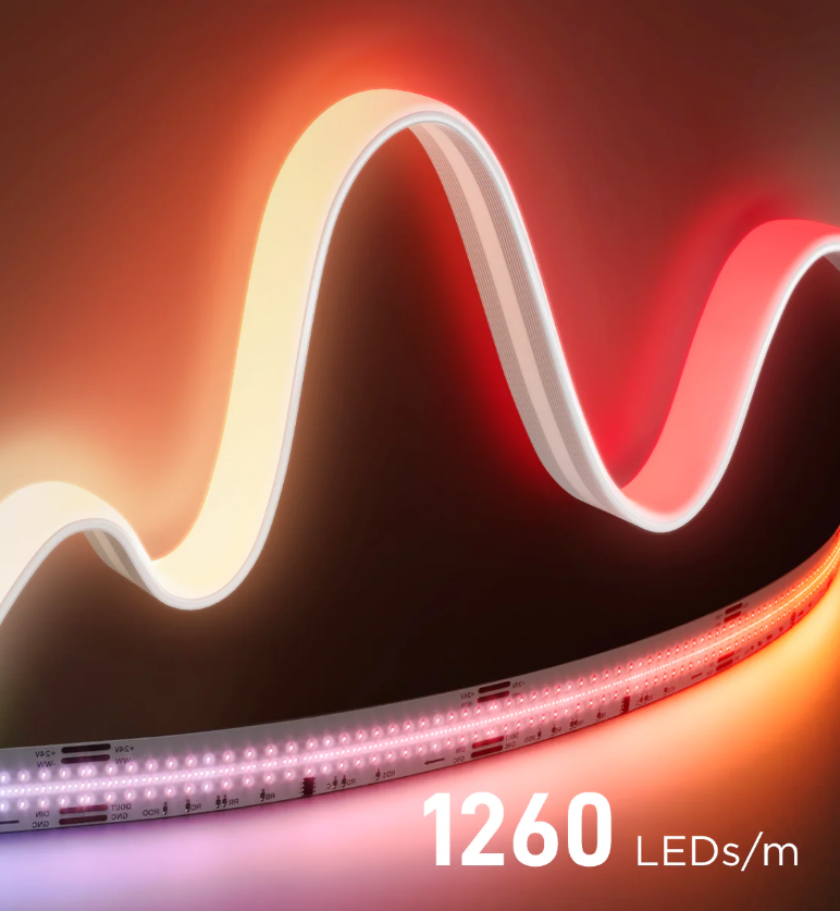 Beyaz ve kırmızı ışıklı, kıvrımlı bir LED şerit, altında "1260 LEDs/m" yazısıyla.