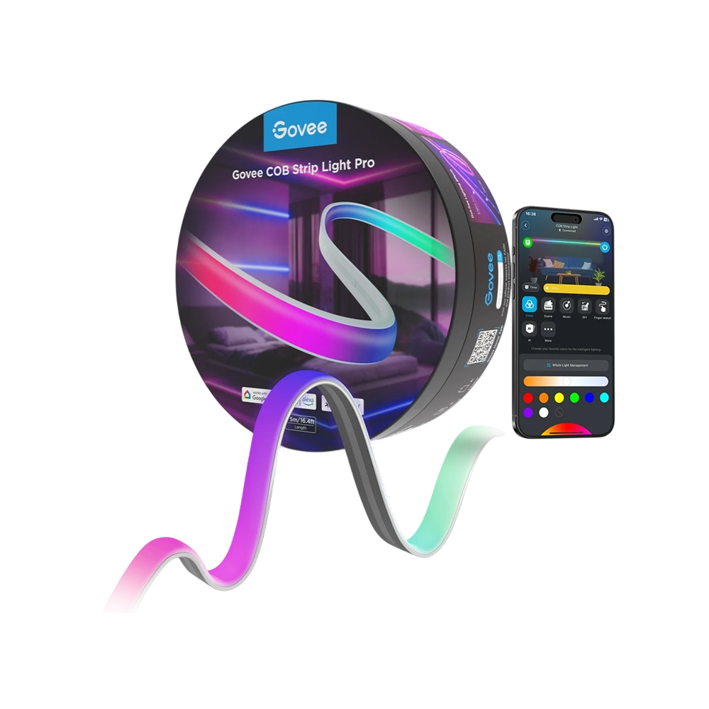 Govee COB Strip Light Pro ürün çekimi. Ambalaj, renk geçişli ışık şeridi ve bir akıllı telefon içerir.