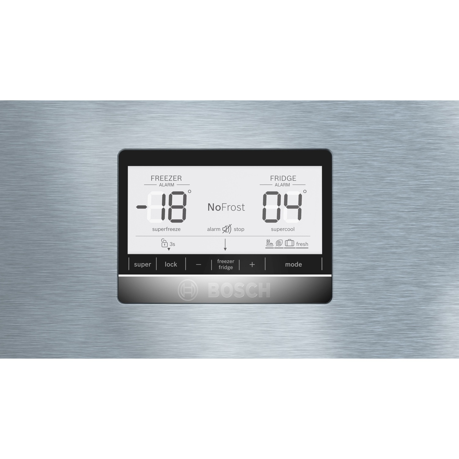Un pannello di controllo del frigorifero con display digitale che mostra le temperature del congelatore e del frigorifero. Con pulsanti e il logo Bosch.