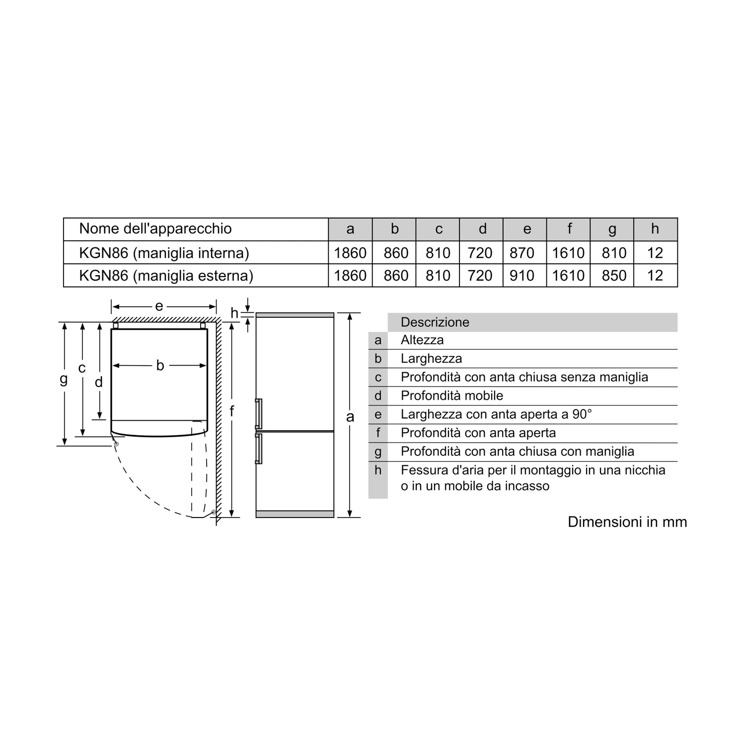 Diagramma di un frigorifero con dimensioni in mm. Mostra le misure di altezza, larghezza e profondità con porte chiuse/aperte.