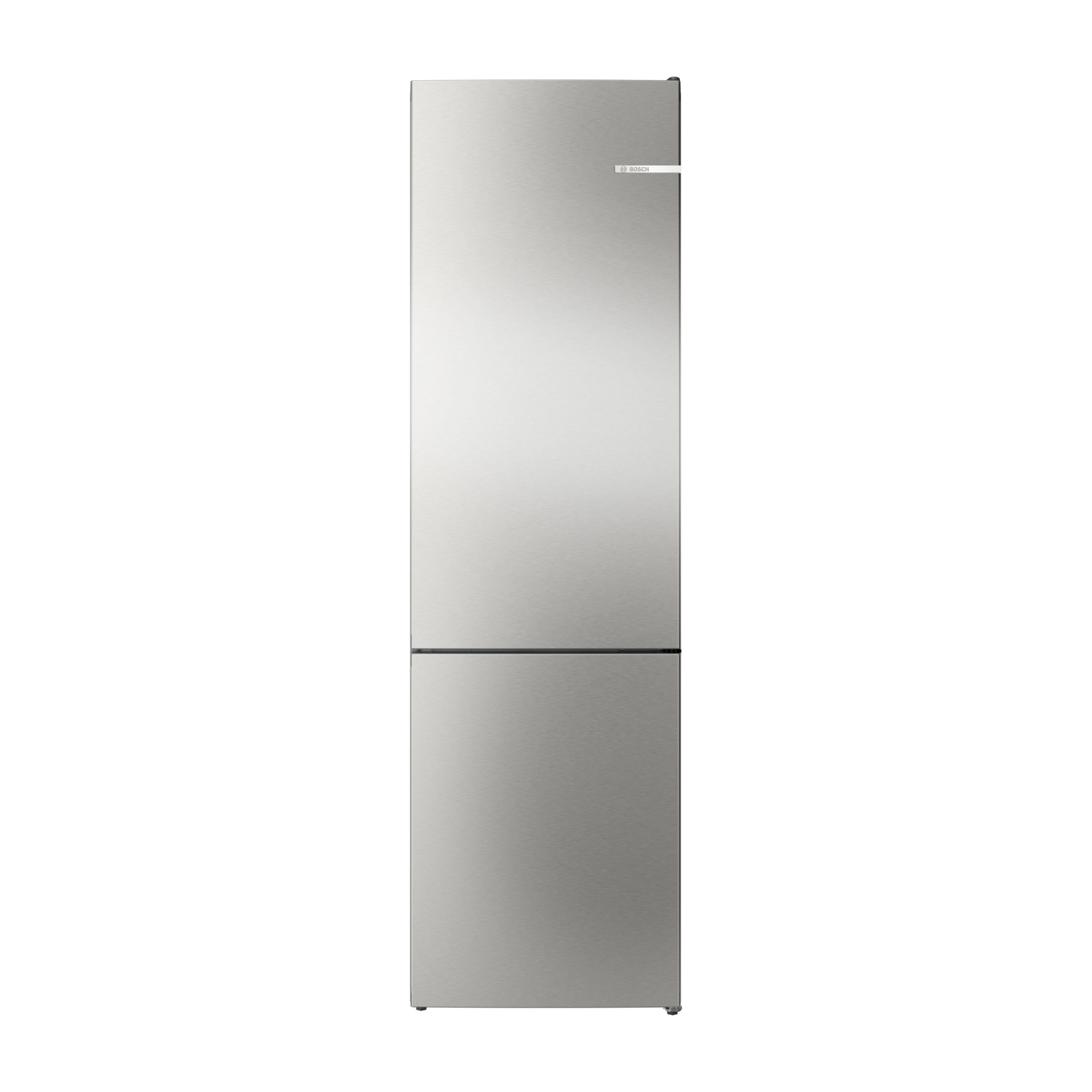 Un frigorifero in acciaio inossidabile a due porte. Il logo Bosch è visibile in alto. Lo sfondo è bianco.