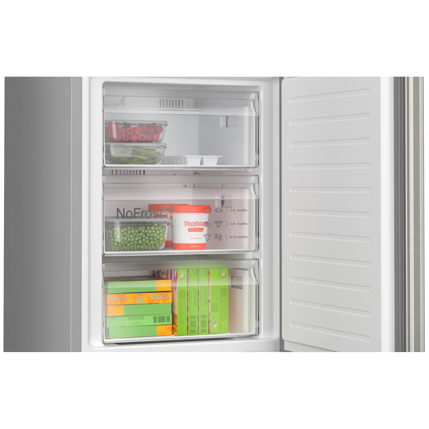 Freezer aperto con cibo all'interno. Lamponi, piselli, gelato e altri alimenti surgelati sono visibili nei cassetti.