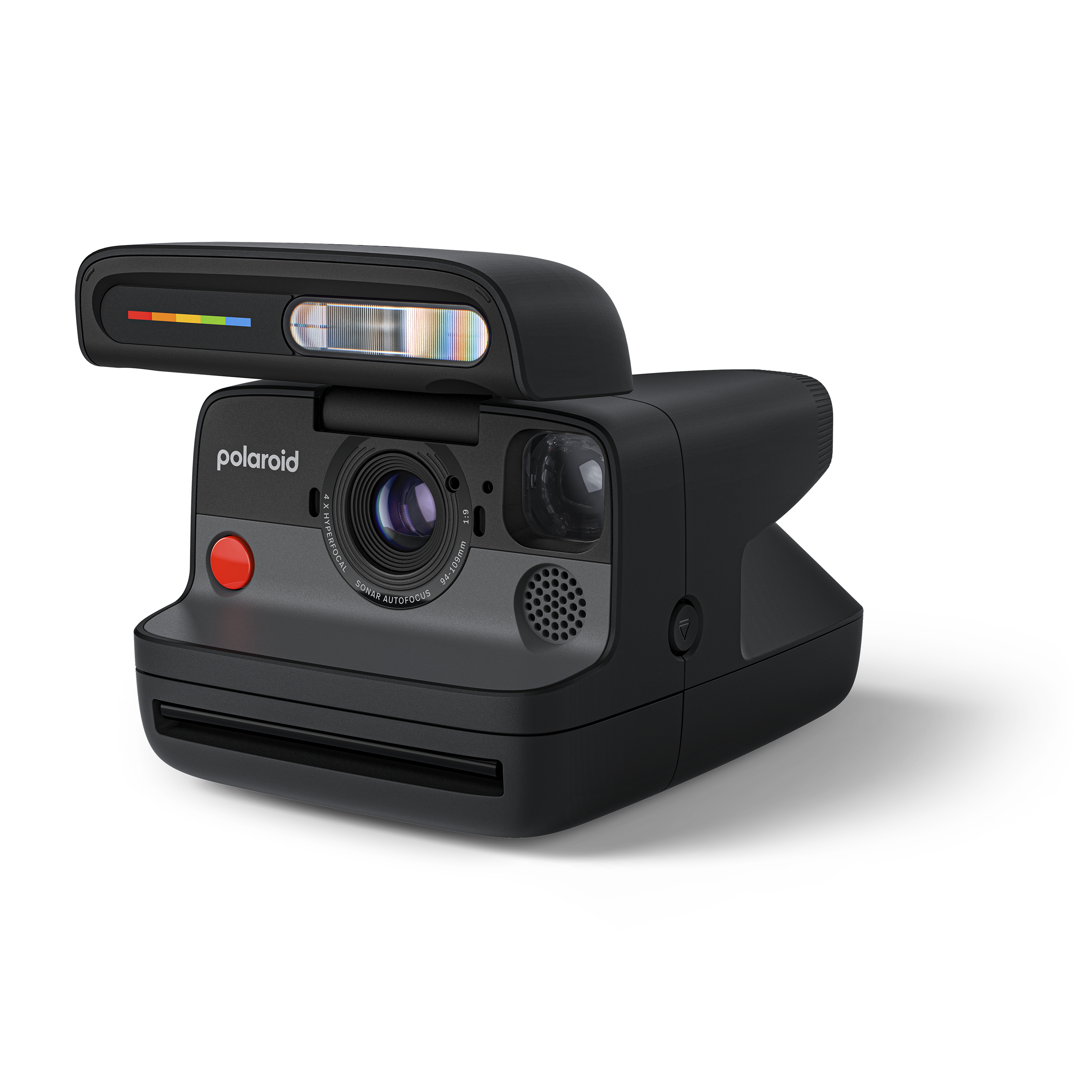 Kırmızı düğmeli, flaşlı ve renkli şerit göstergeli siyah bir Polaroid kamera. Siyah bir arka plan üzerinde.