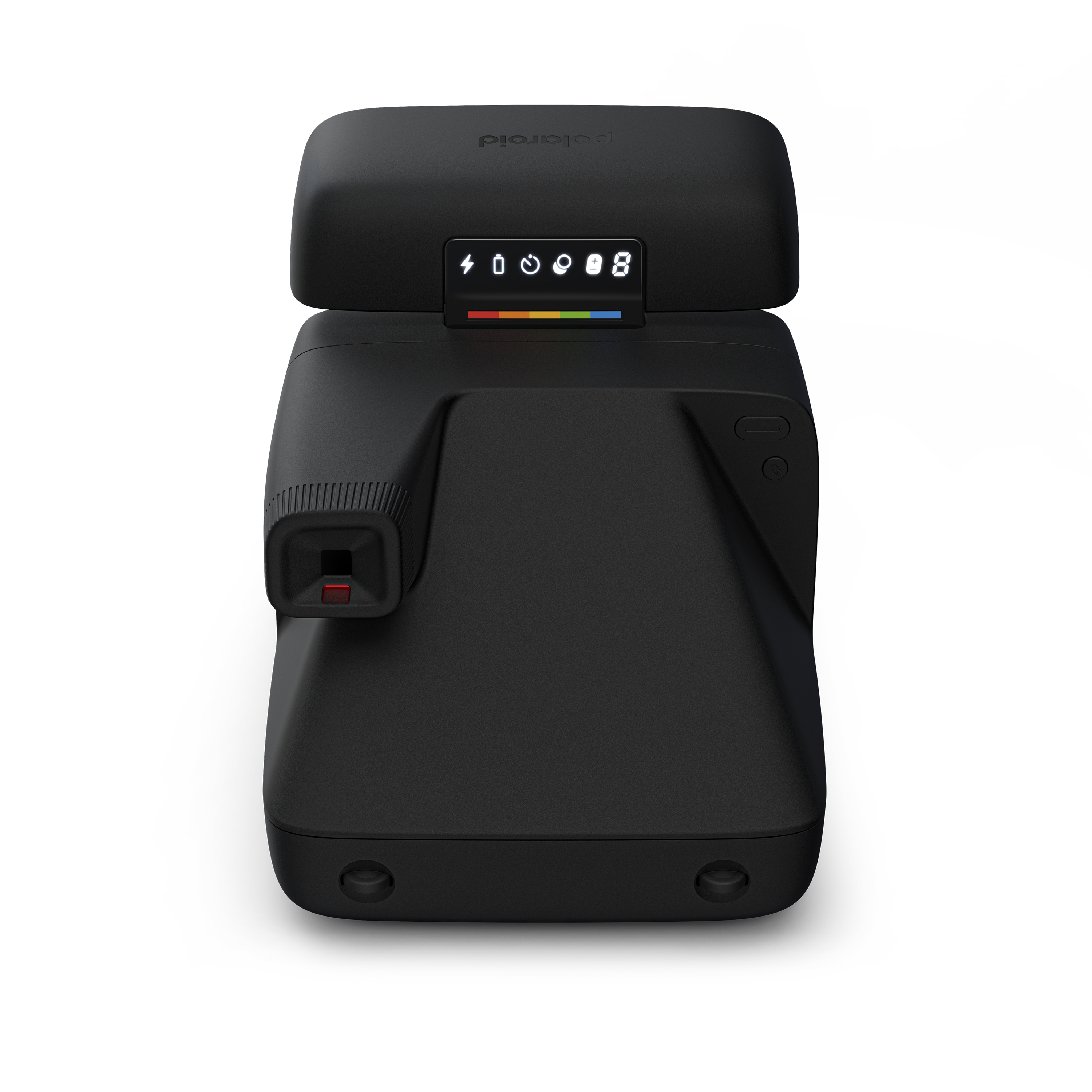 Siyah bir Polaroid kamera, siyah bir arka plan üzerinde ortalanmış. İkonları ve bir gökkuşağı çubuğu gösteren bir ekranı var.