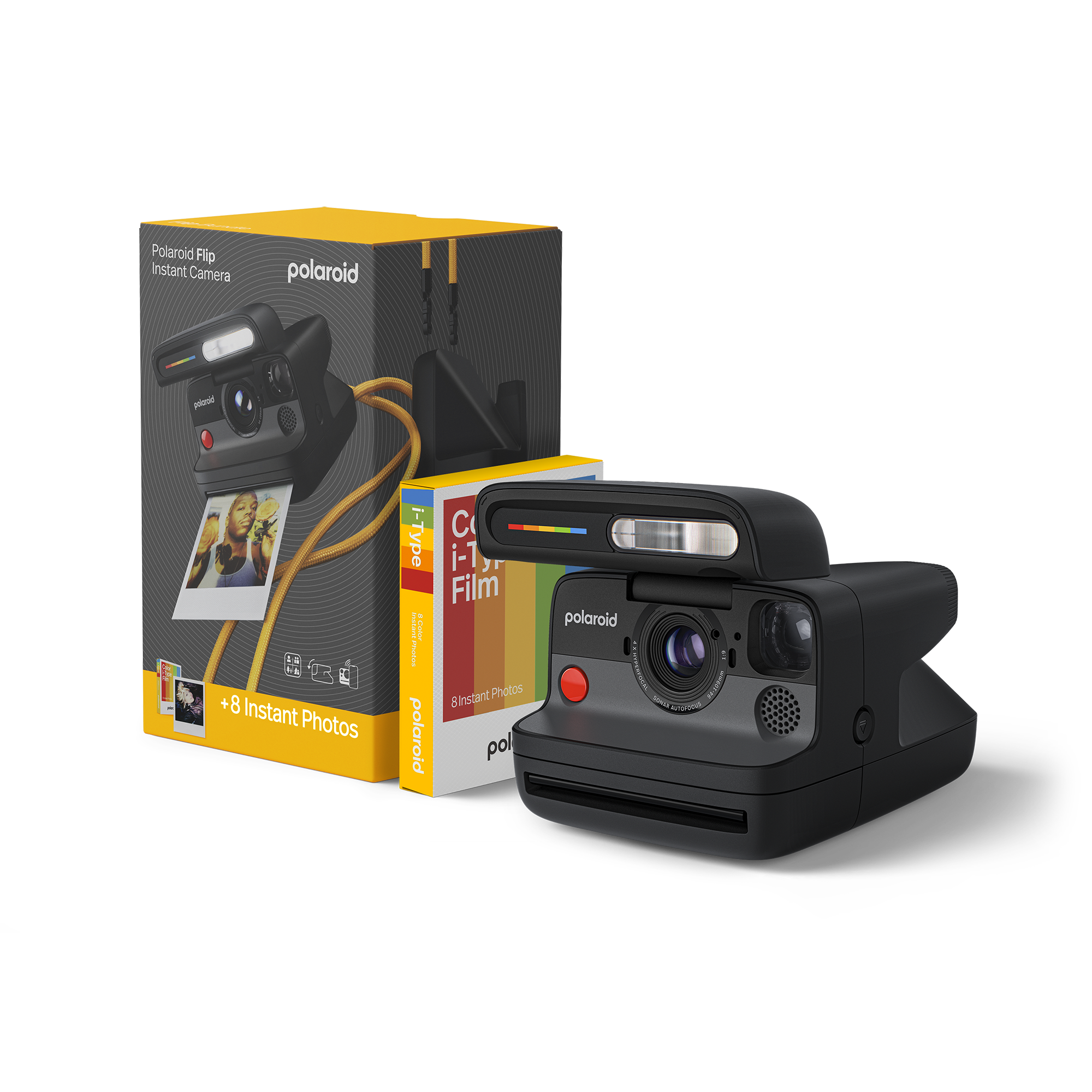 Siyah bir Polaroid anında fotoğraf makinesi, film ve kutu. Fotoğraf makinesi sağda, arkasında sarı bir kutu var.