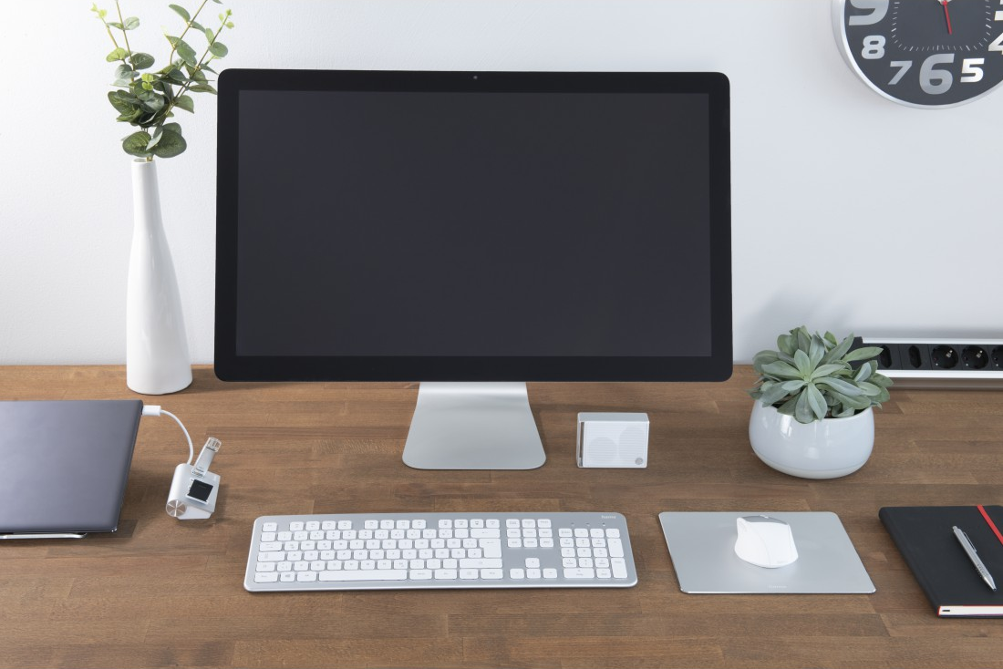 Ein Schreibtisch mit Computer, Tastatur, Maus und einer Sukkulentenpflanze. Auch eine Uhr, ein Notizbuch und eine Vase mit Grün.