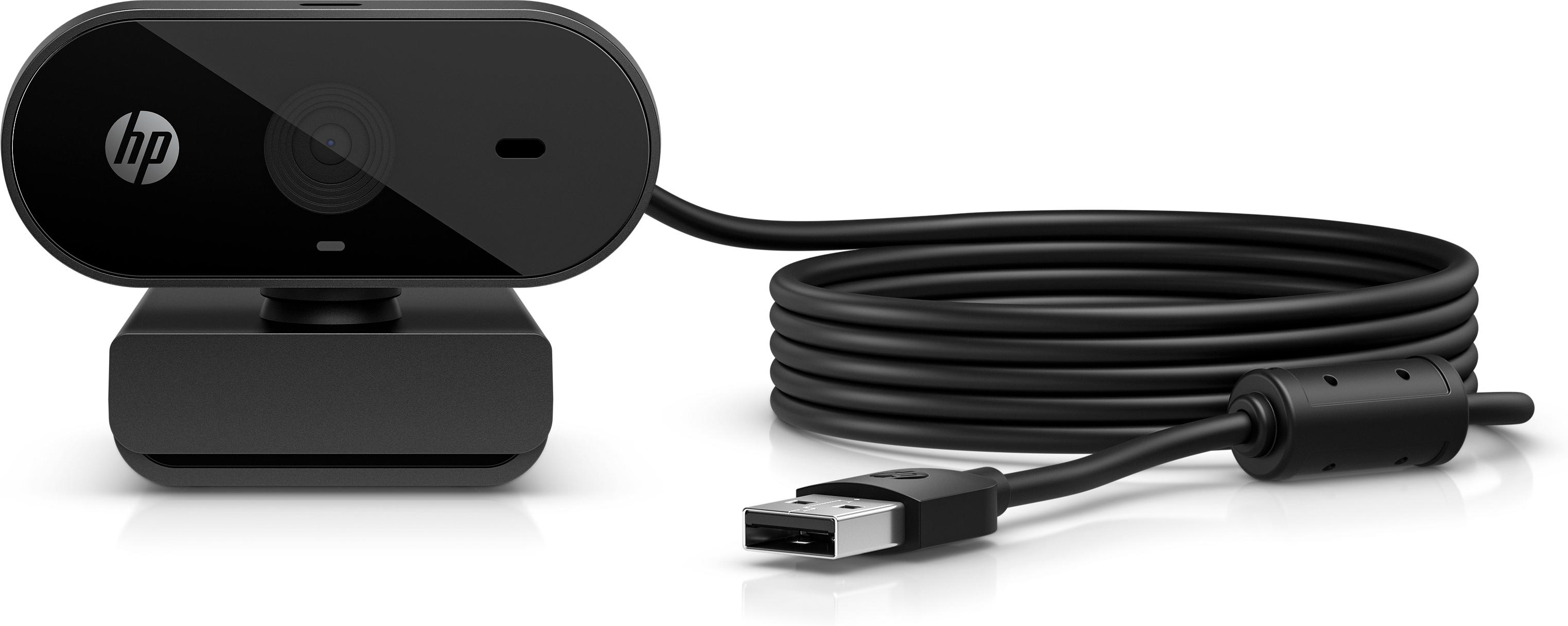 Schwarze HP-Webcam mit gewickeltem schwarzem USB-Kabel. Die Webcam hat das HP-Logo und ein Objektiv. Weißer Hintergrund.