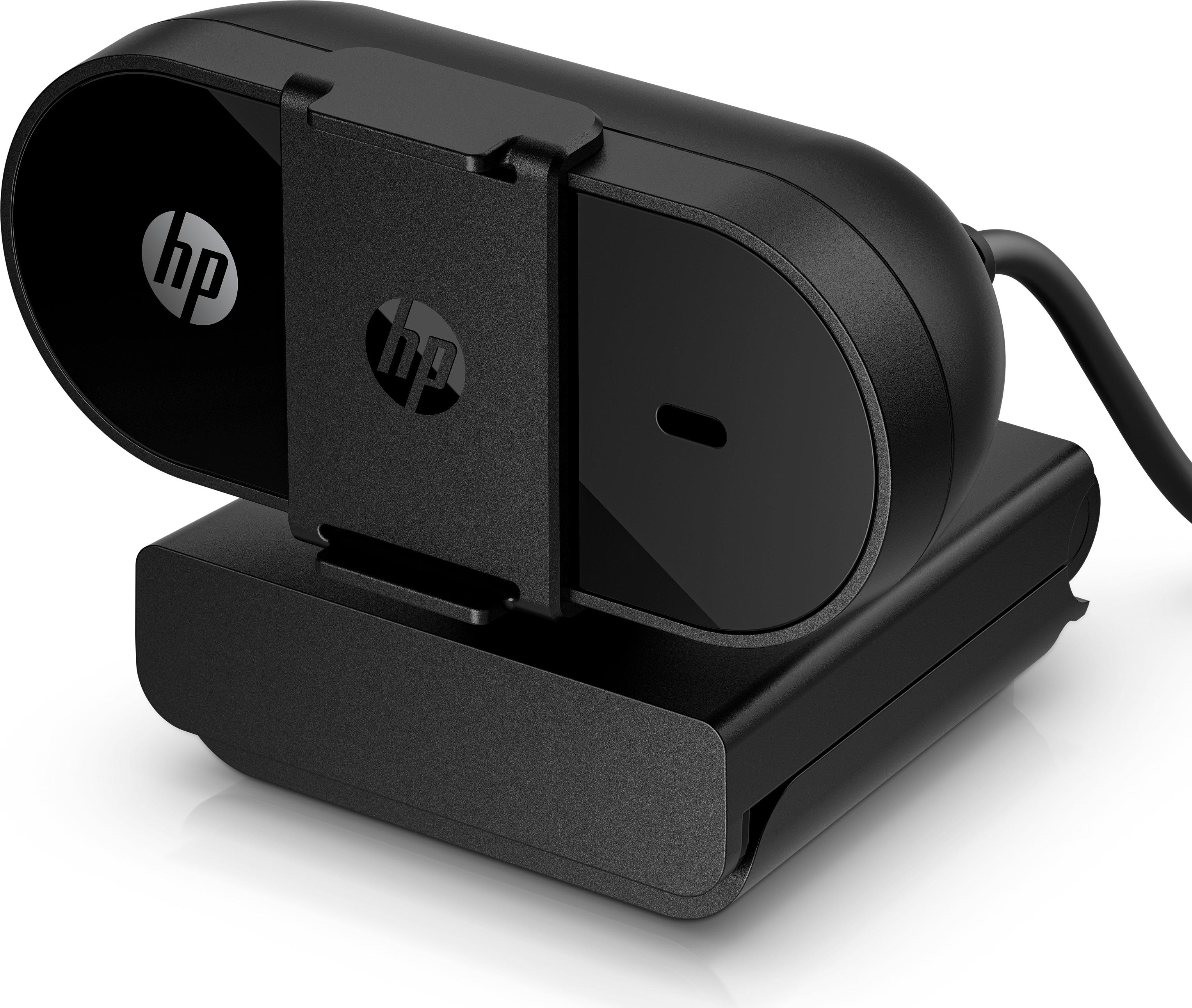 Schwarze HP-Webcam auf weißem Untergrund. Sie hat einen Sockel, einen Mittelteil und einen Linsenbereich. Das HP-Logo ist sichtbar.