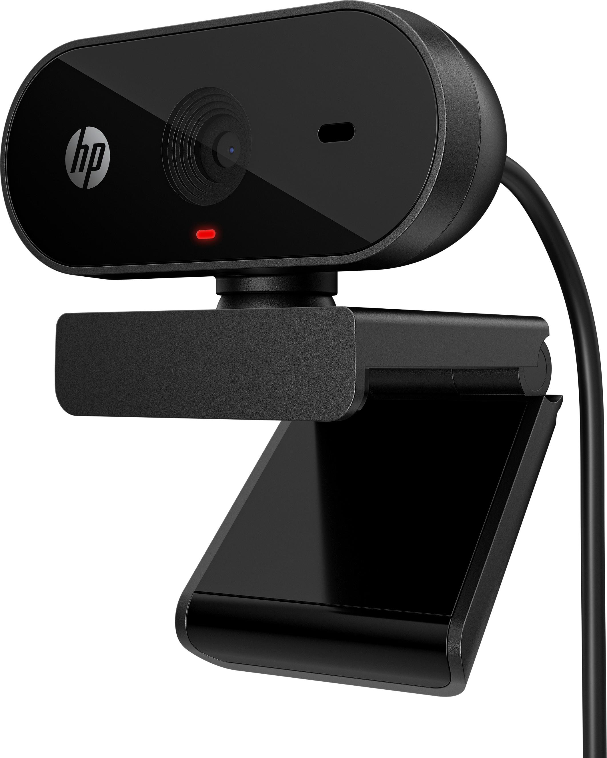 Schwarze HP-Webcam auf weißem Hintergrund. Sie hat eine Linse, ein rotes Licht und einen Ständer. Das HP-Logo ist sichtbar.