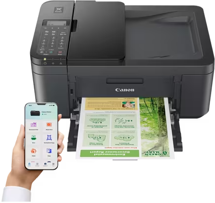 Egy Canon nyomtató jelentést nyomtat. Egy telefon a nyomtató alkalmazást mutatja. A jelentés környezeti kérdésekről szól.