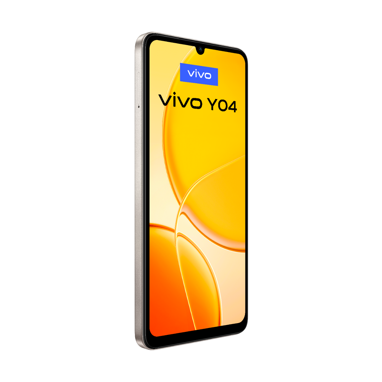 Ekrandaki Vivo Y04 akıllı telefon, sarı ve turuncu degrade arka planla. Telefonun siyah ekranı, vivo logosu ve gümüş kenarları var.