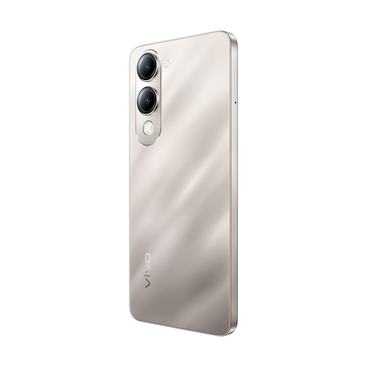 Bej bir Vivo akıllı telefon, arka görünüm, üçlü kamera kurulumuyla. Telefon, marka logosunun görülebildiği şık bir tasarıma sahip.