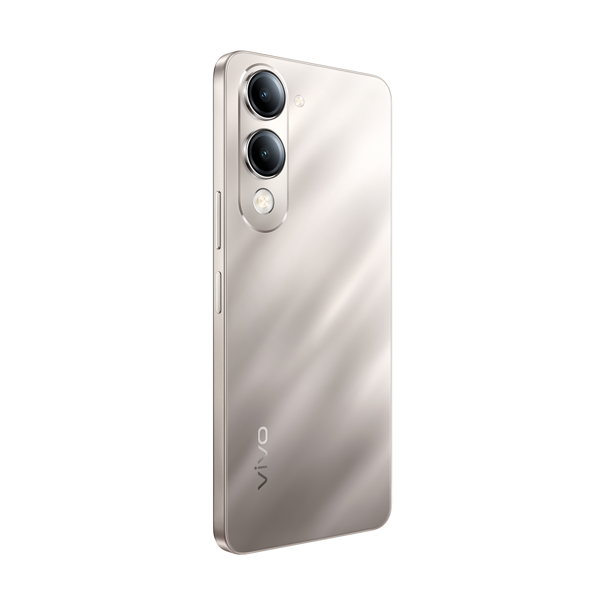 Bej bir akıllı telefon, arka görünüm. Üç kamera lensi, bir flaş ve 'VIVO' logosu bulunur. Telefon beyaz bir arka plan üzerinde duruyor.