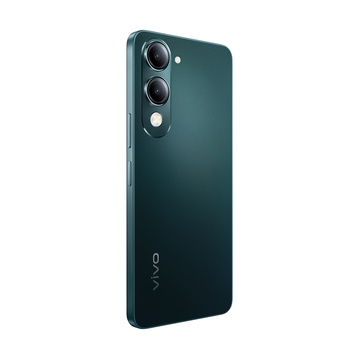Üç arka kamerası olan turkuaz bir akıllı telefon. VIVO logosu görülebilir. Telefon hafif açılı.