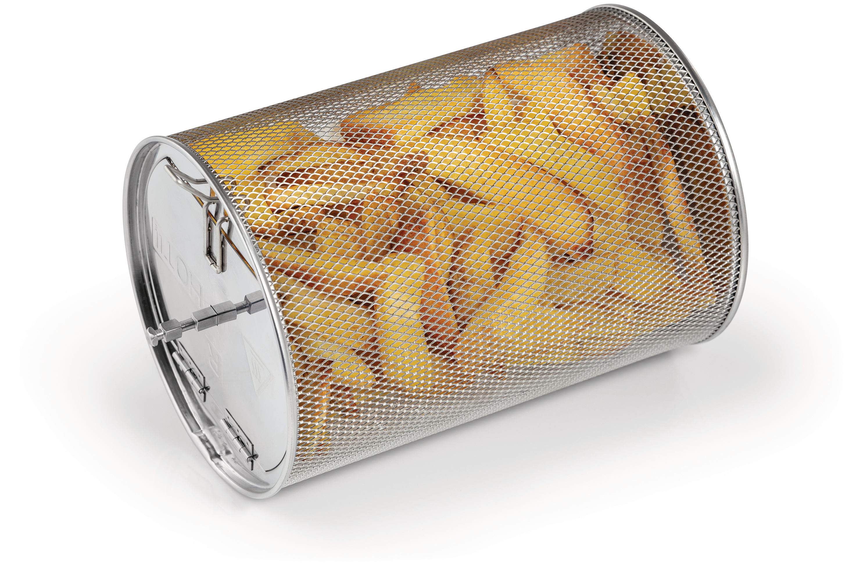 Ein Metallzylinder mit goldgelben Pommes Frites steht auf weißem Grund, zeigt ein Küchengerät.