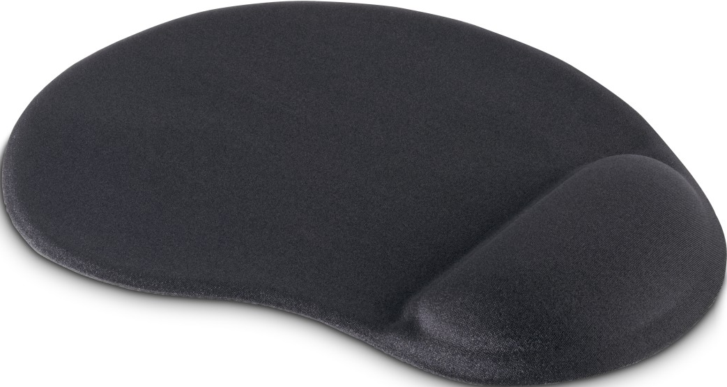 Un tapis de souris ergonomique noir avec repose-poignet. Le tapis est de forme ovale avec une zone surélevée pour le poignet. Fond blanc.
