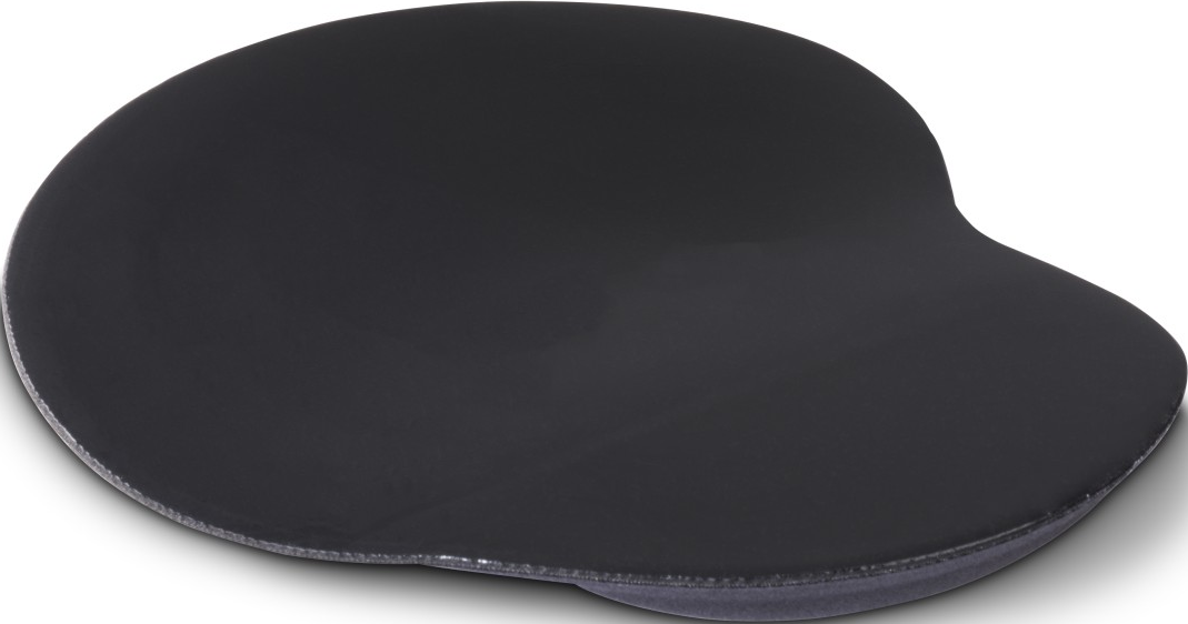 Un tapis de souris noir et incurvé avec repose-poignet. Il est de forme ovale, avec une surface lisse et une ombre.