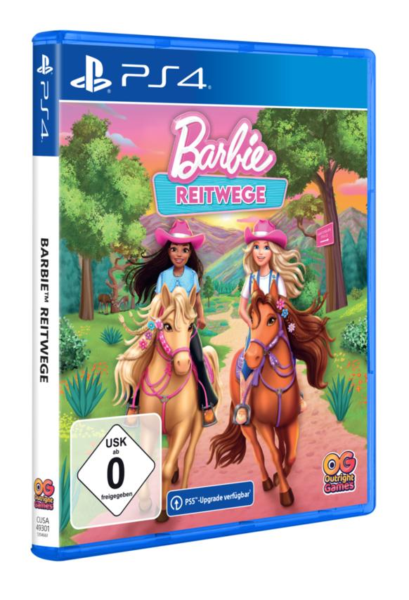 PS4-Spielecover. Barbie reitet auf Pferden. Zwei Mädchen tragen rosa Hüte. Im Hintergrund Bäume und Sonnenuntergang.