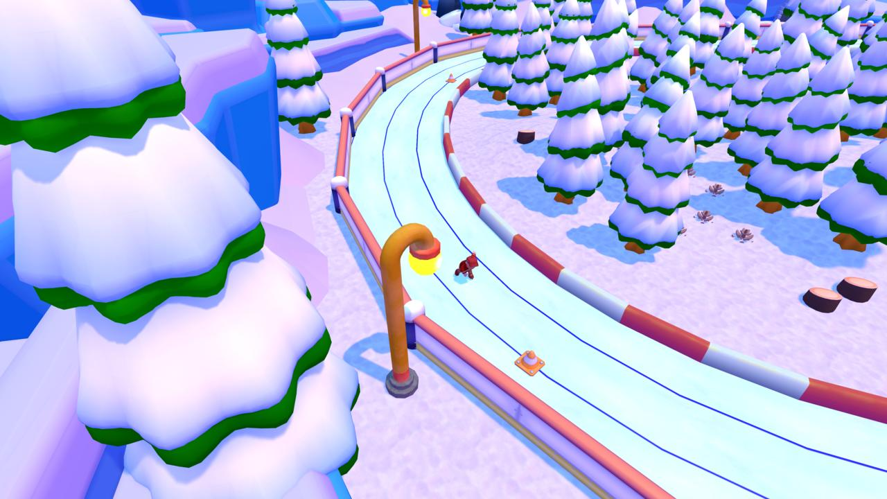 Eine schneebedeckte Szene mit einer Strecke. Eine rote Figur rutscht die Strecke hinunter, zwischen schneebedeckten Bäumen und einer Straßenlaterne.