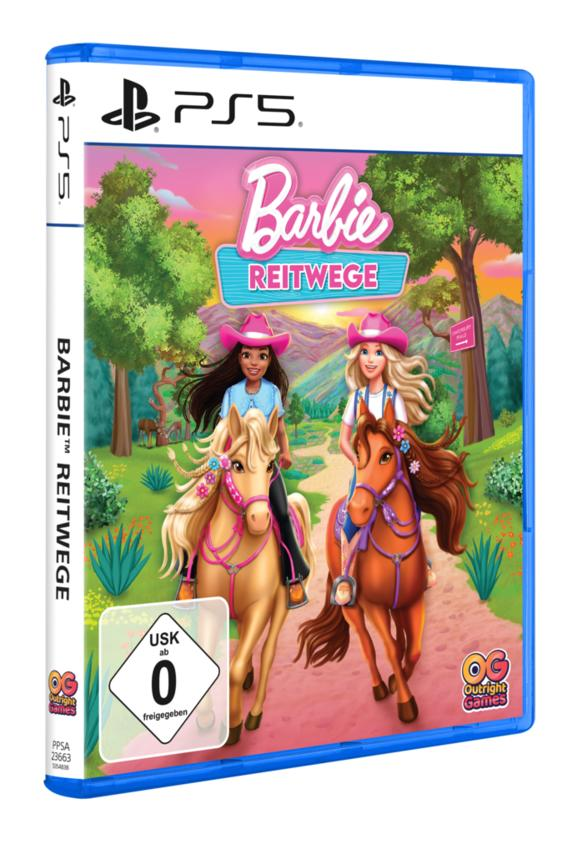 PS5-Spielhülle von Barbie REITWEGE. Zwei Mädchen reiten auf einem Pfad. Der Spieletitel steht oben.