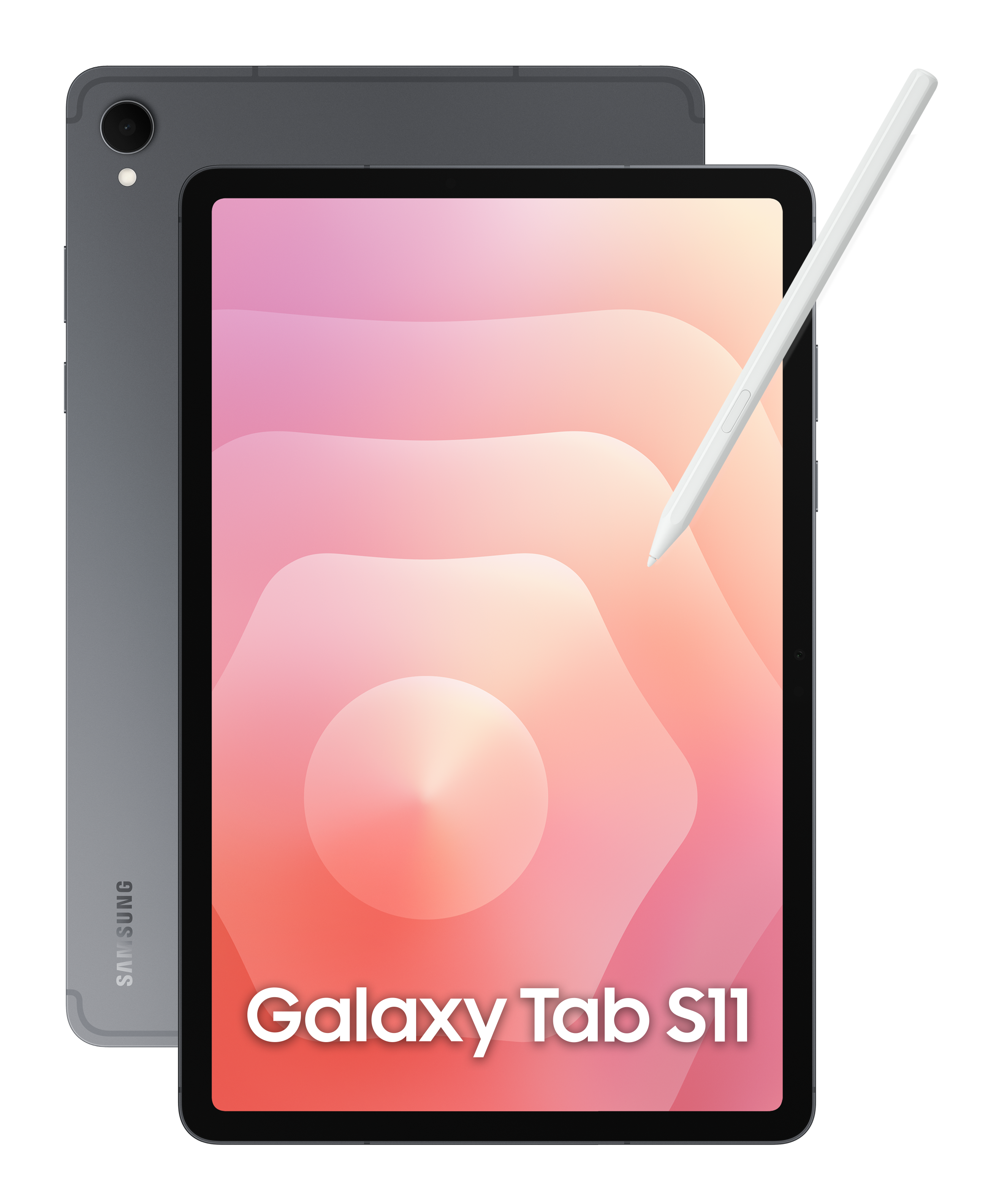 Tablet Galaxy Tab S11 z rysikiem. Ekran wyświetla różowo-pomarańczowy gradient. Z tyłu szary tablet.