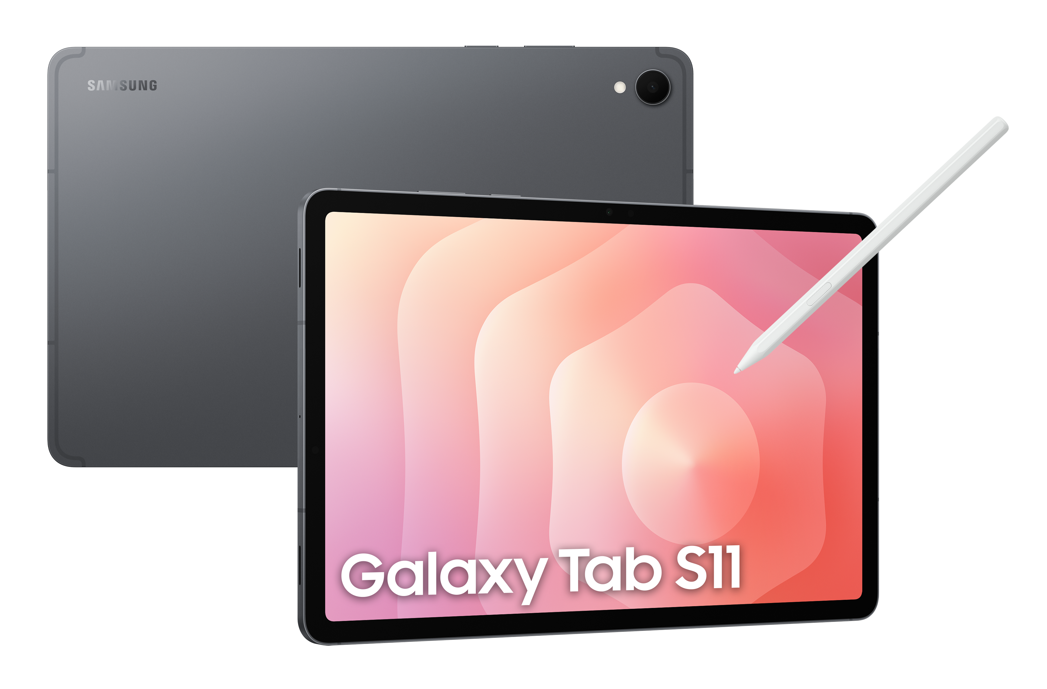 Szary tablet Samsung Galaxy Tab S11 z rysikiem. Ekran wyświetla abstrakcyjny różowo-biały wzór. Tło jest czarne.