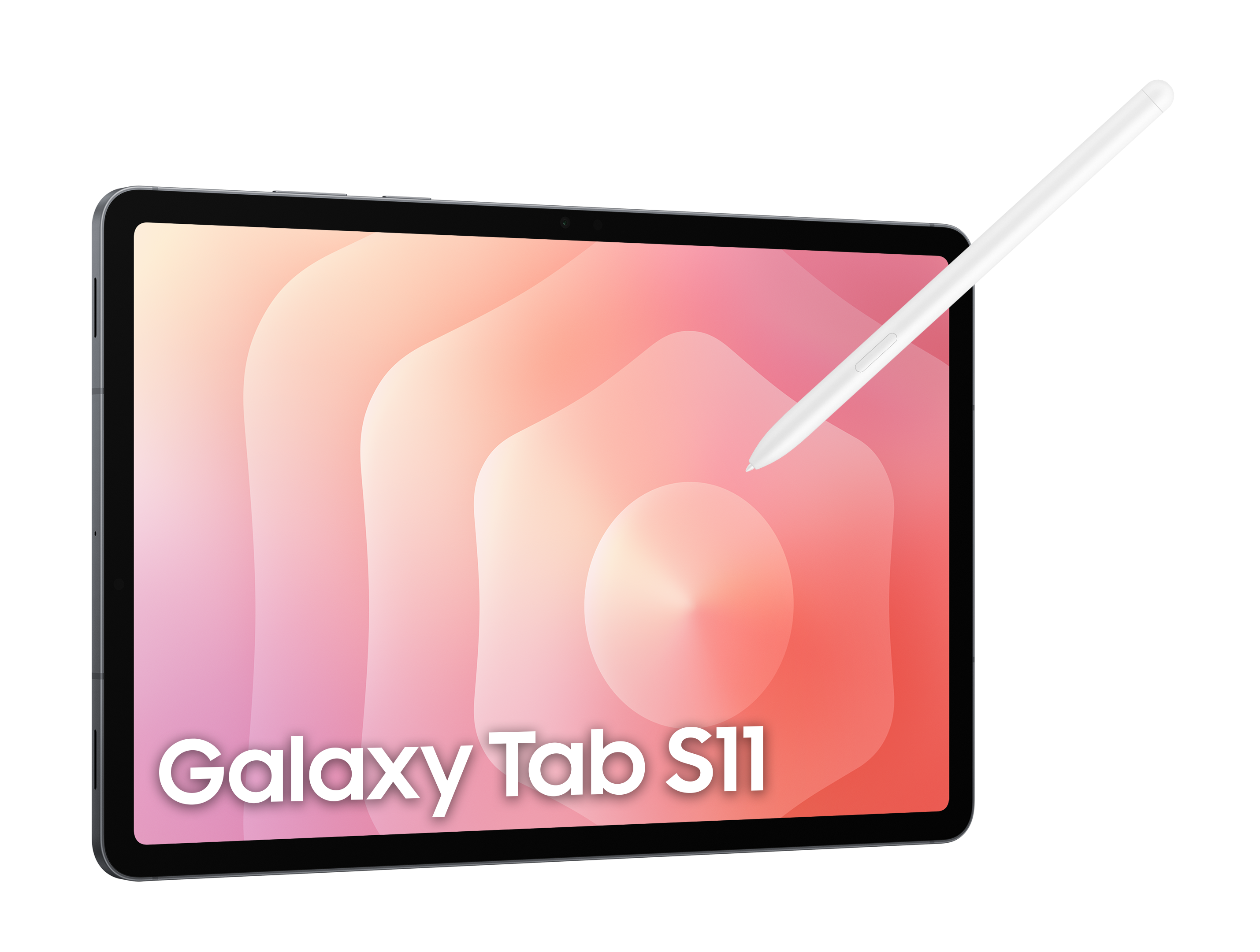 Tablet Galaxy Tab S11 z białym rysikiem. Ekran wyświetla różowo-pomarańczowy gradient na czarnym tle.
