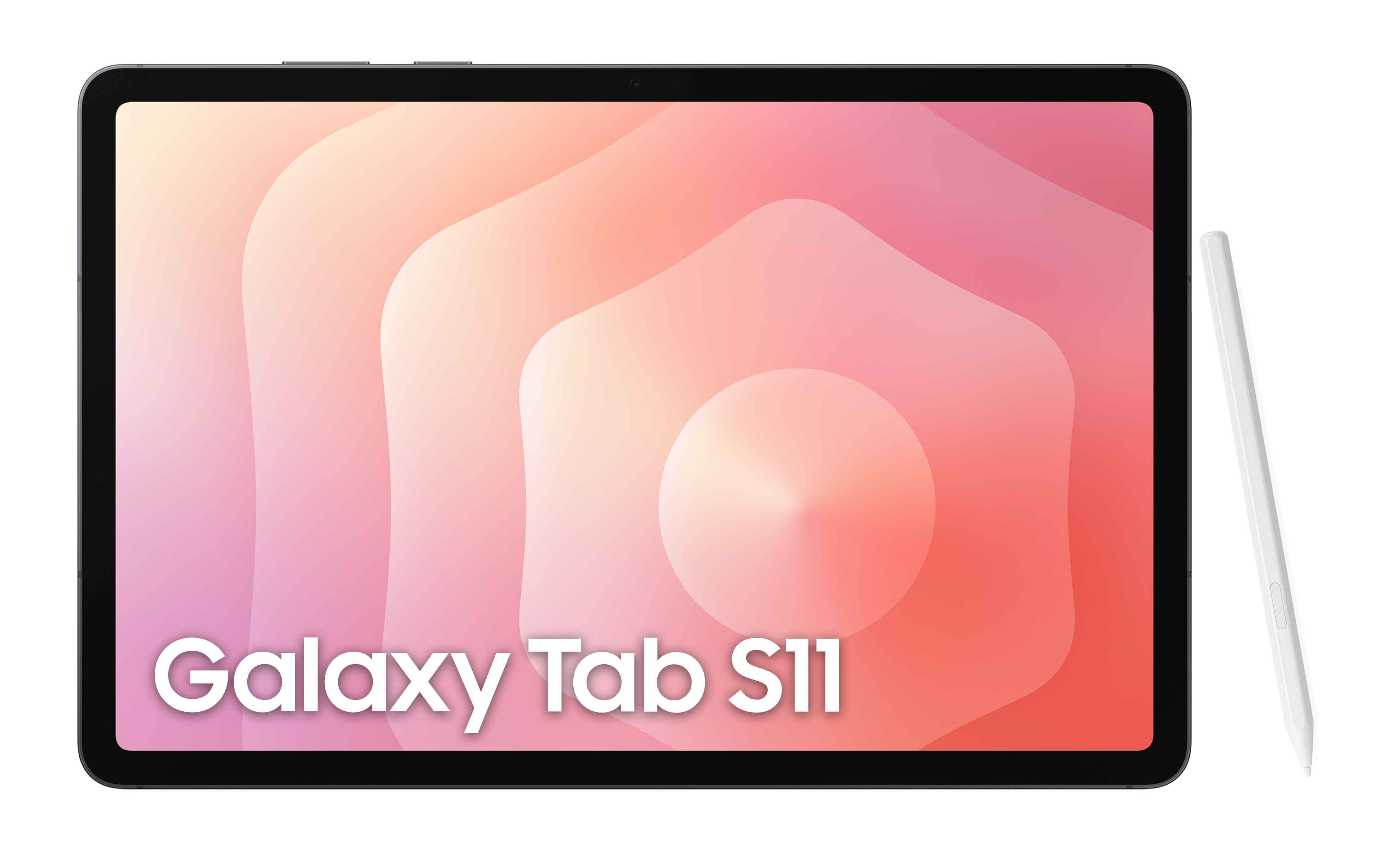 Czarny tablet ze słowami 'Galaxy Tab S11' na ekranie. Obok biały rysik. Tło jest czarne.