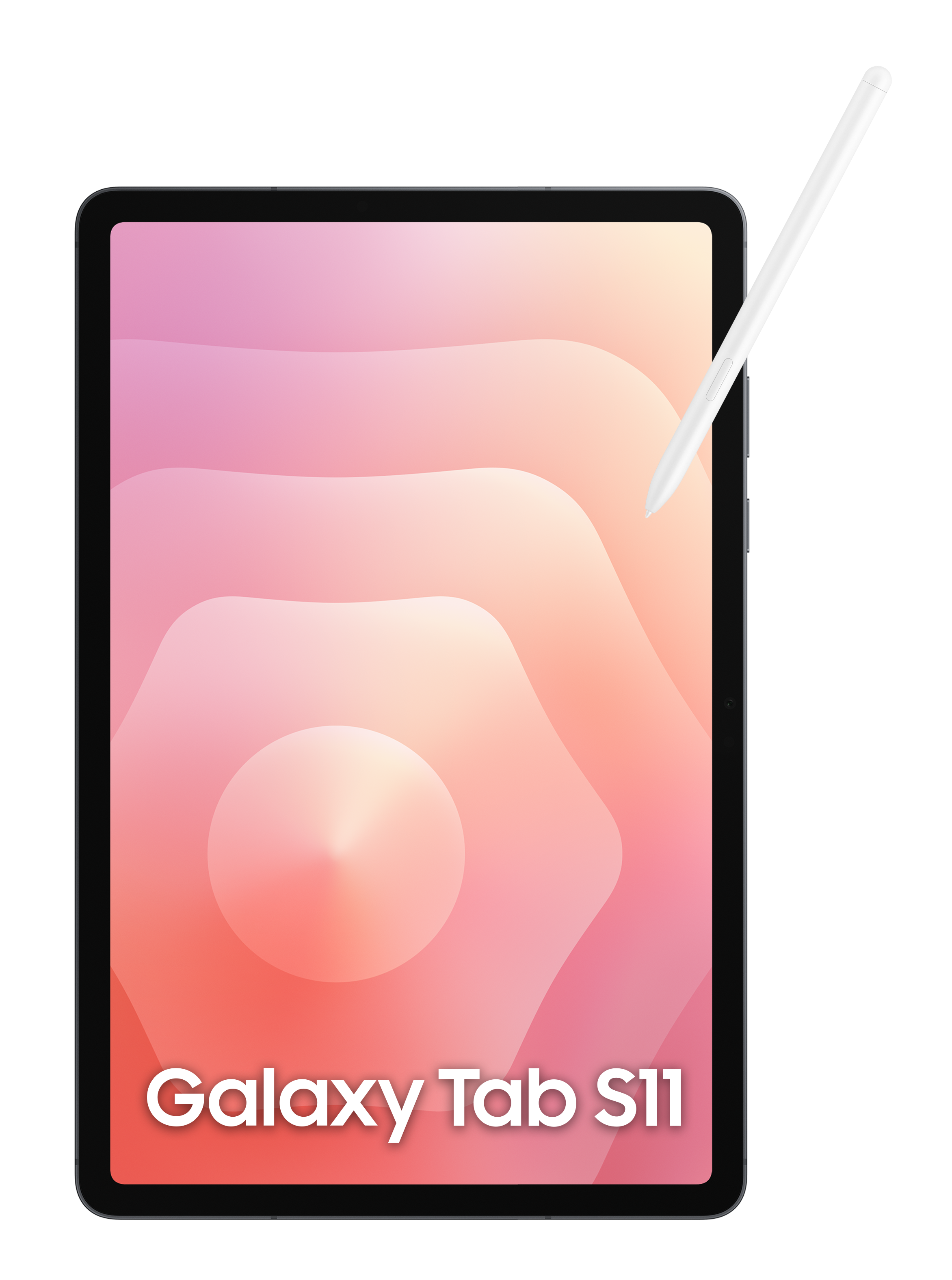 Tablet Galaxy Tab S11 z rysikiem. Tablet wyświetla abstrakcyjny wzór. Tło jest czarne.