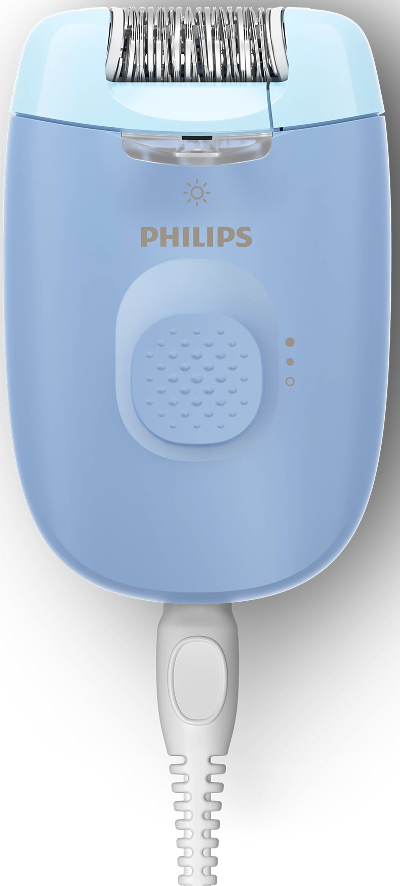 Un epilatore Philips azzurro chiaro, con cavo bianco. Ha un design arrotondato e un'area di presa strutturata. Il marchio è visibile.