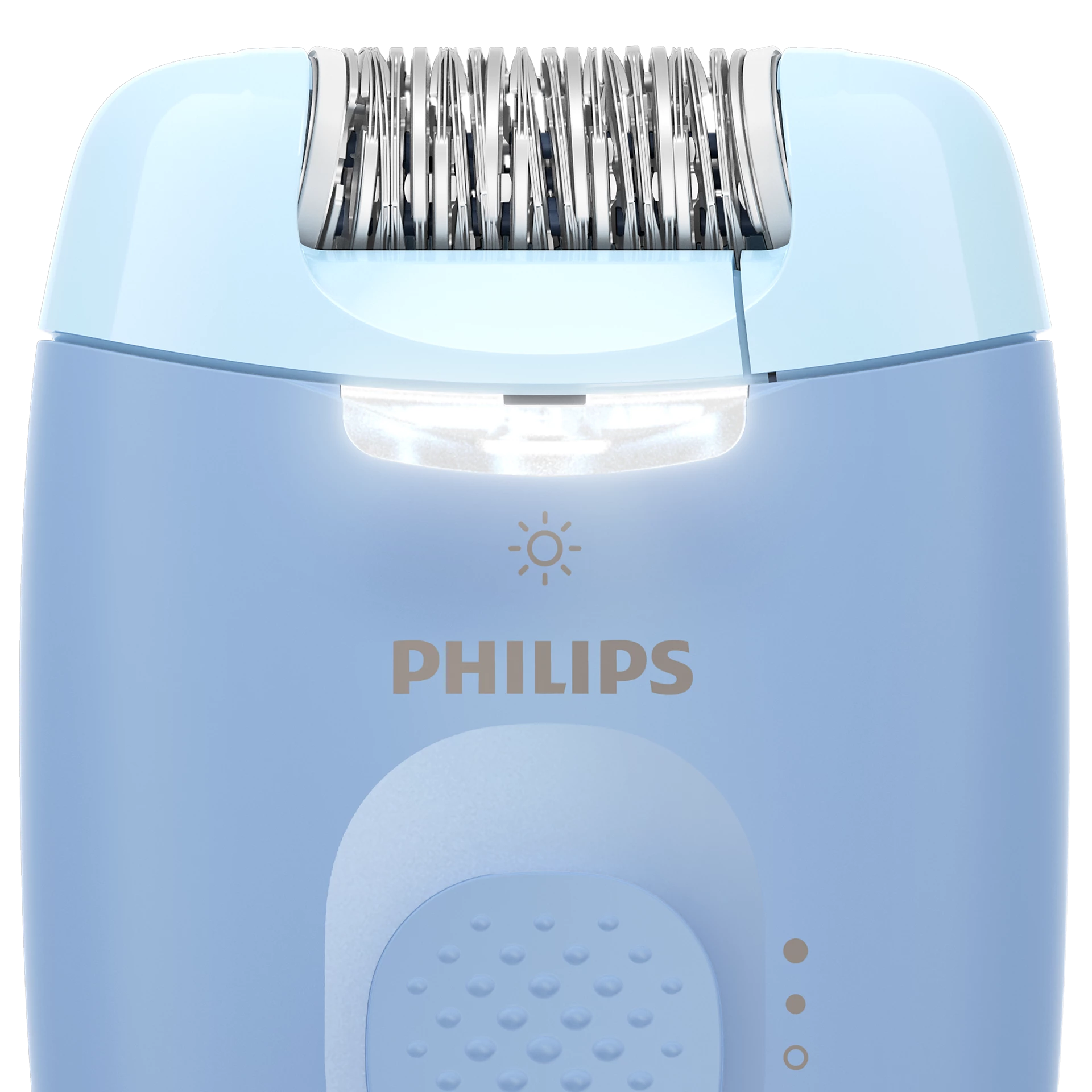 Un epilatore Philips blu con lame argentate. Il dispositivo ha una luce e indicatori di stato. Lo sfondo è scuro.
