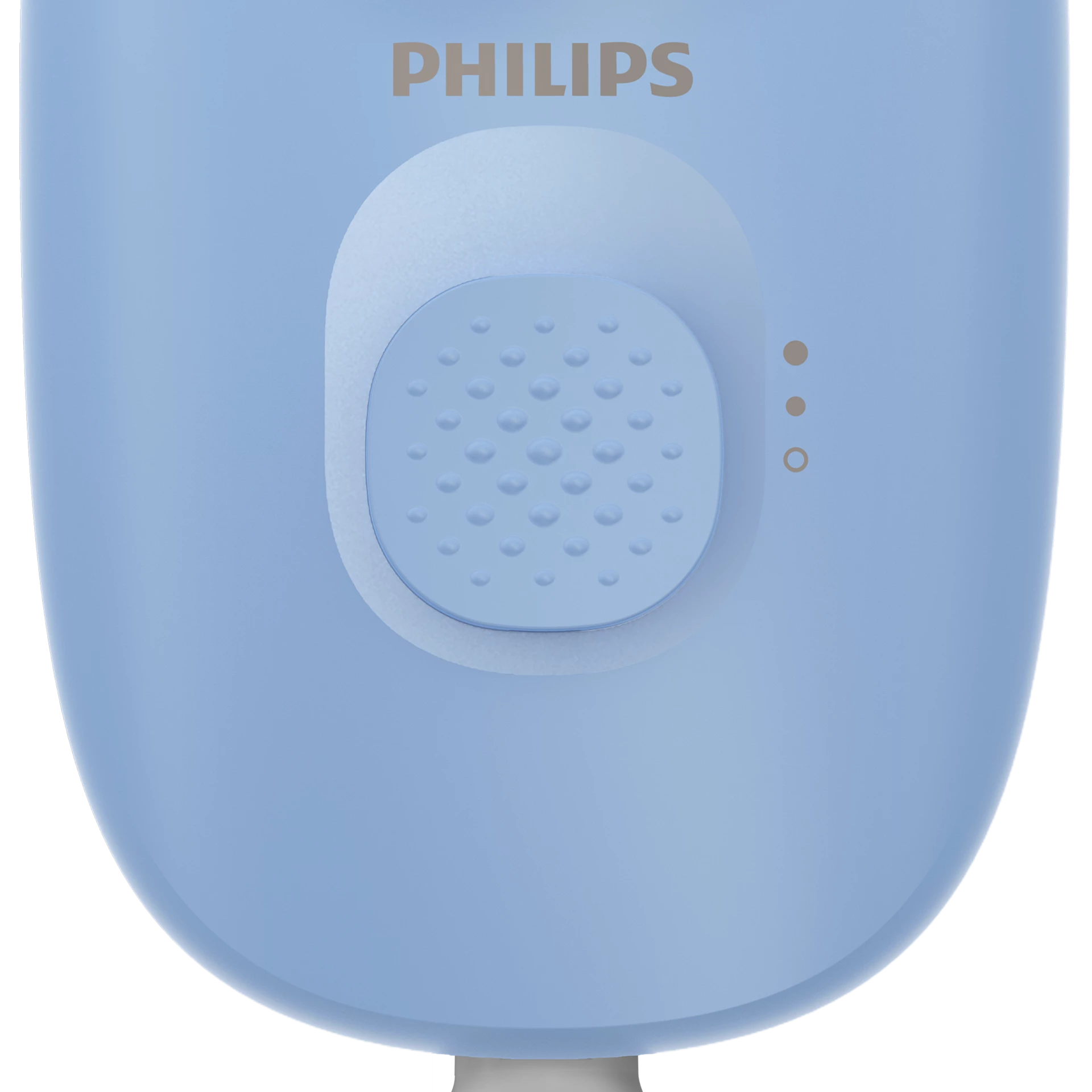Un dispositivo Philips azzurro con un pulsante e tre spie. Il dispositivo ha una forma arrotondata.