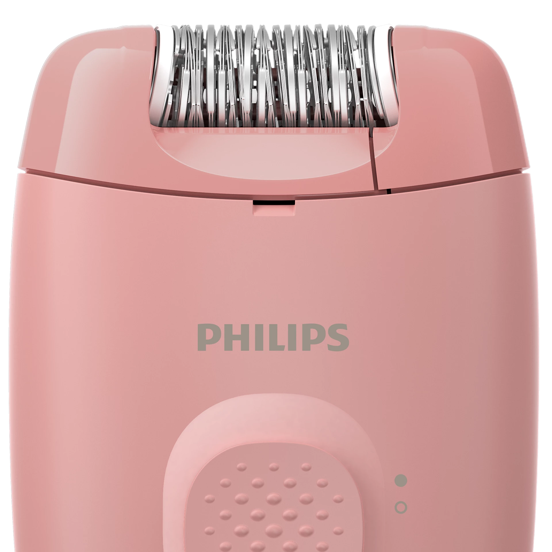 Gros plan d'une épilateur Philips rose. Lames argentées en haut. Le nom de la marque est imprimé en gris.