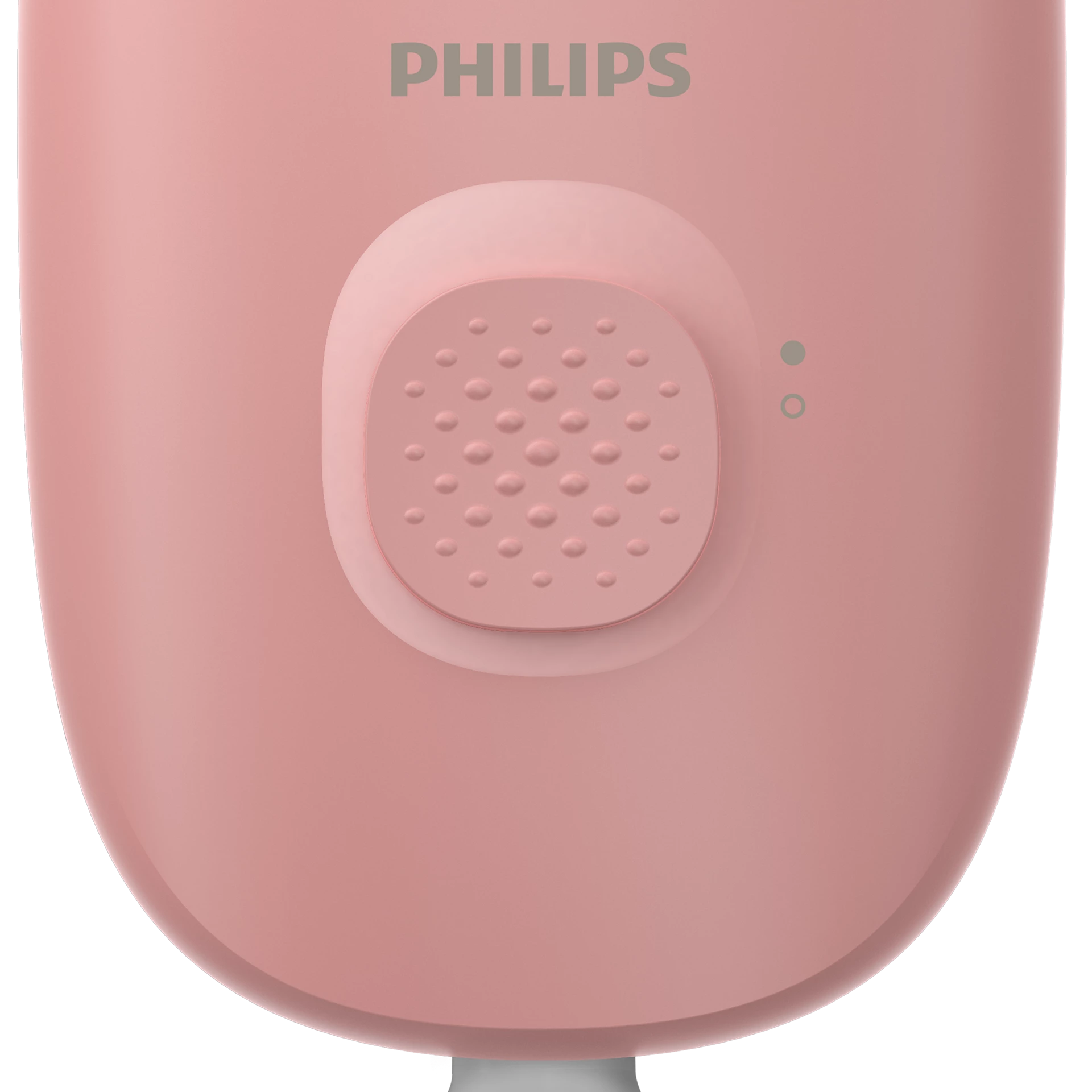 Gros plan d'un rasoir électrique Philips rose. Il a un bouton avec des bosses et deux voyants. Le fond est noir.