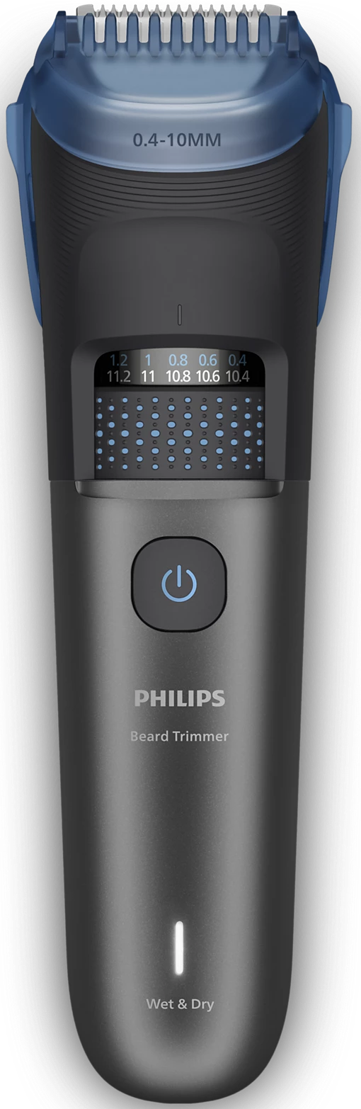 Un regolabarba Philips nero. Ha una parte superiore blu, un display digitale e un pulsante di accensione/spegnimento. Il regolabarba mostra 'Wet & Dry'.