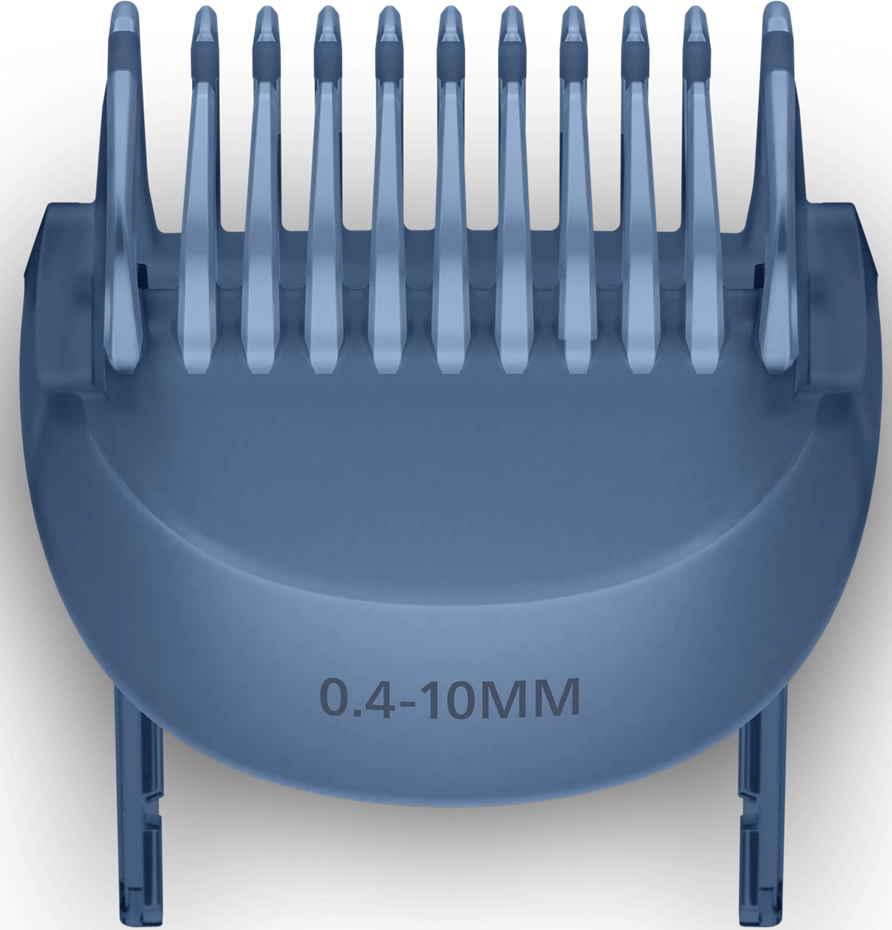 Un pettine blu per tagliacapelli con la scritta '0.4-10MM'. Ha più denti e su sfondo scuro.